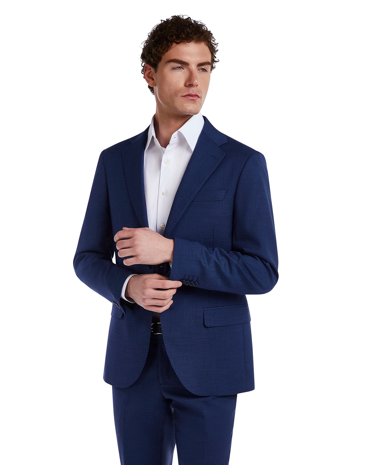 Men's tailored navy blue suit jacket, crafted from premium fabric, paired with a crisp white dress shirt.