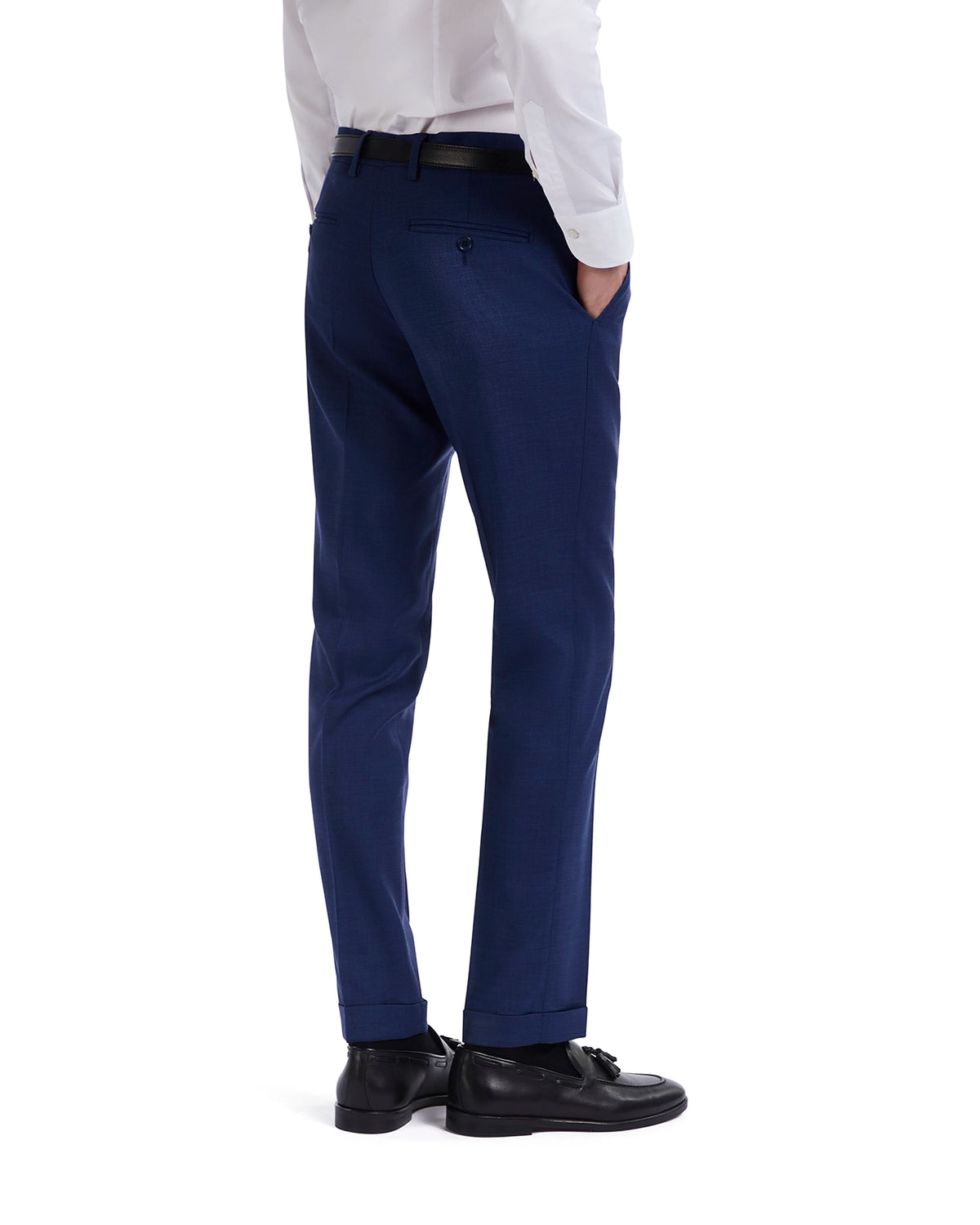 Men's tailored navy blue dress pants, crafted from lightweight wool with a sleek, modern fit. Perfect for formal occasions.