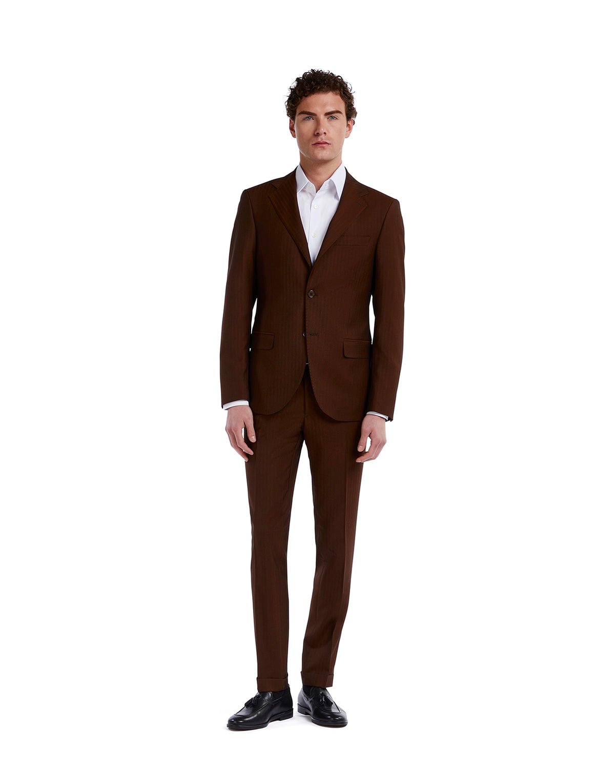 Men's brown pinstripe suit made of high-quality fabric, featuring a tailored fit and notch lapel. Perfect for formal occasions.
