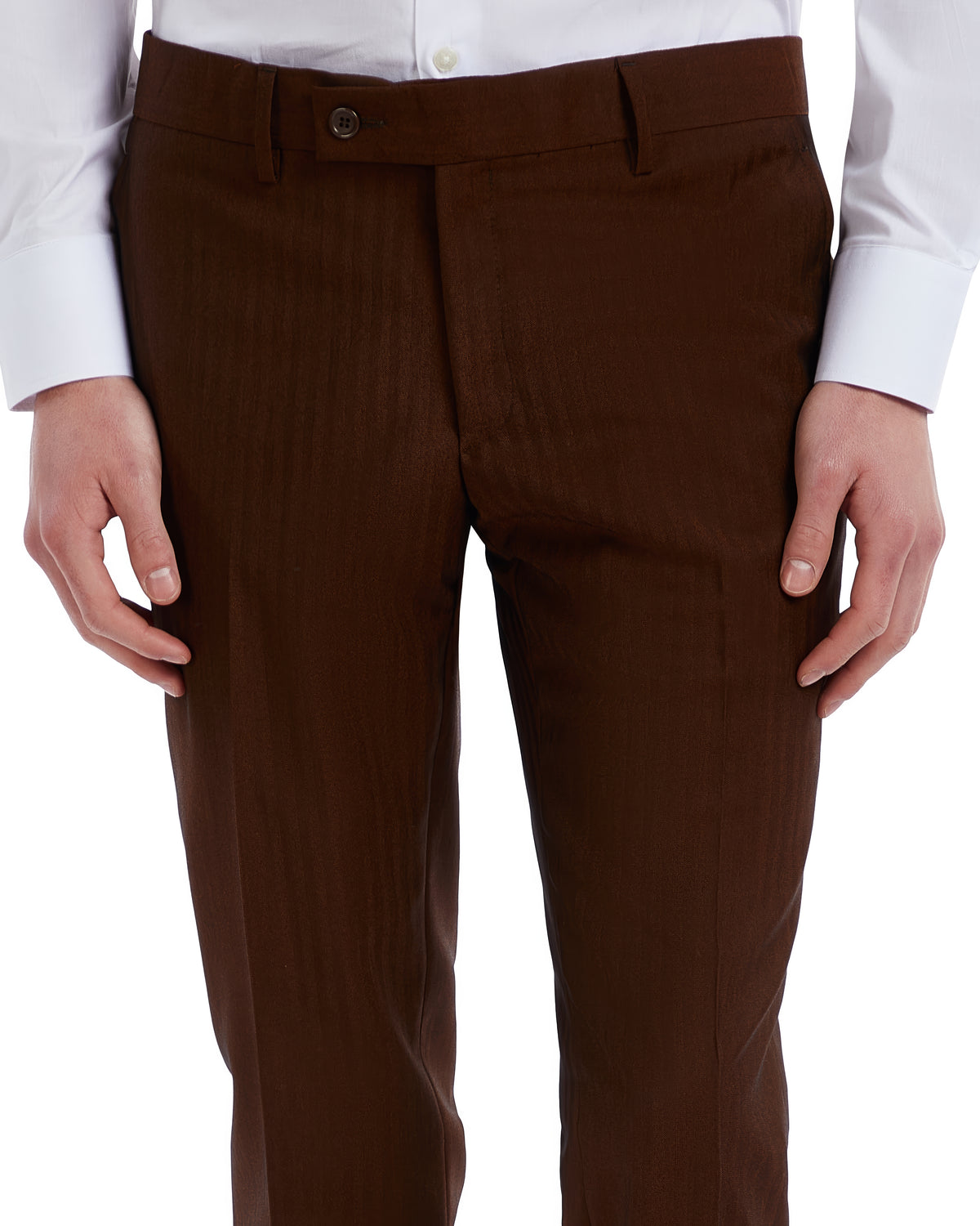 Brown striped dress pants in a tailored fit, ideal for formal occasions and business wear.