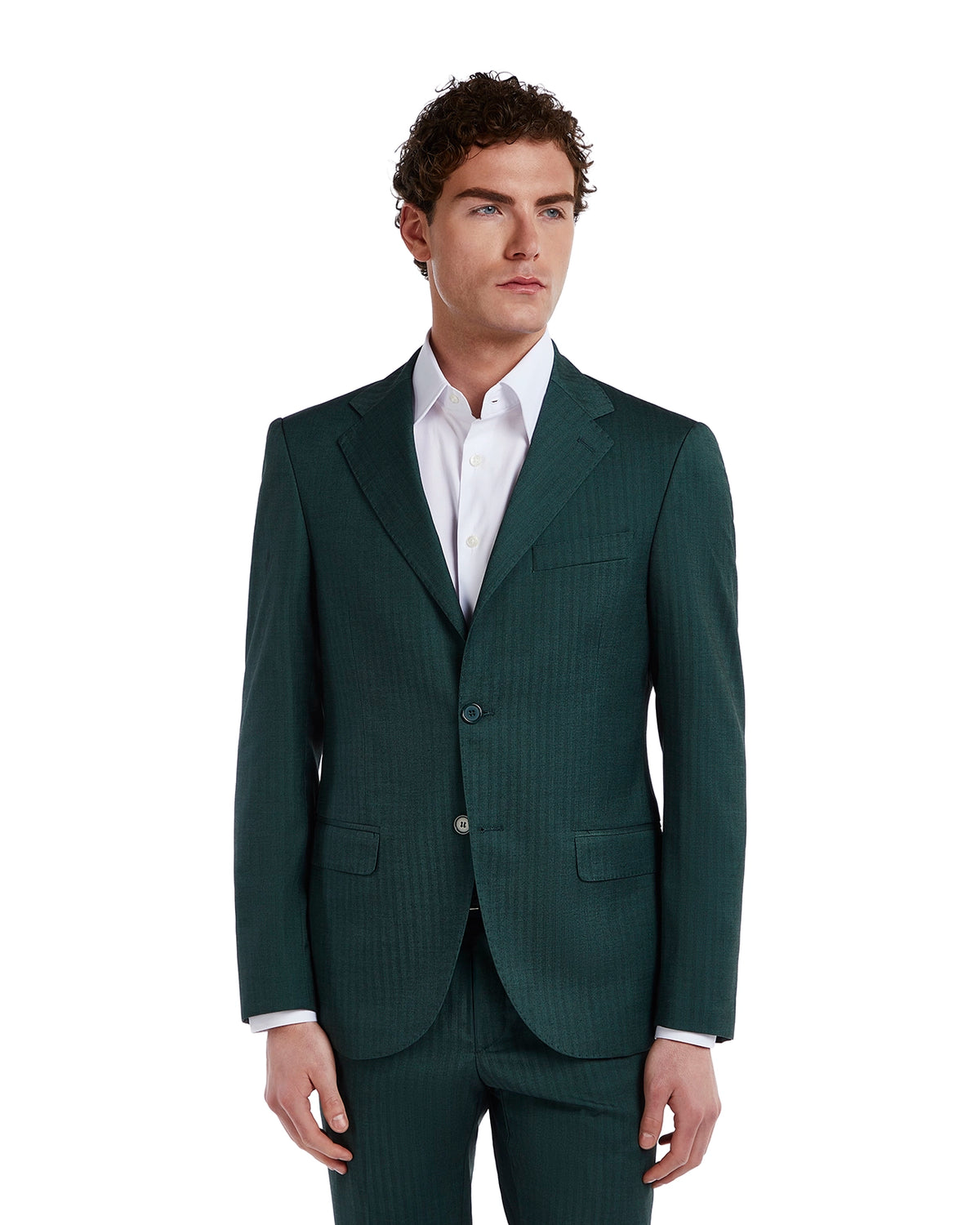 Men's dark green striped suit in lightweight fabric, featuring a tailored fit, single-breasted blazer, and notch lapels.