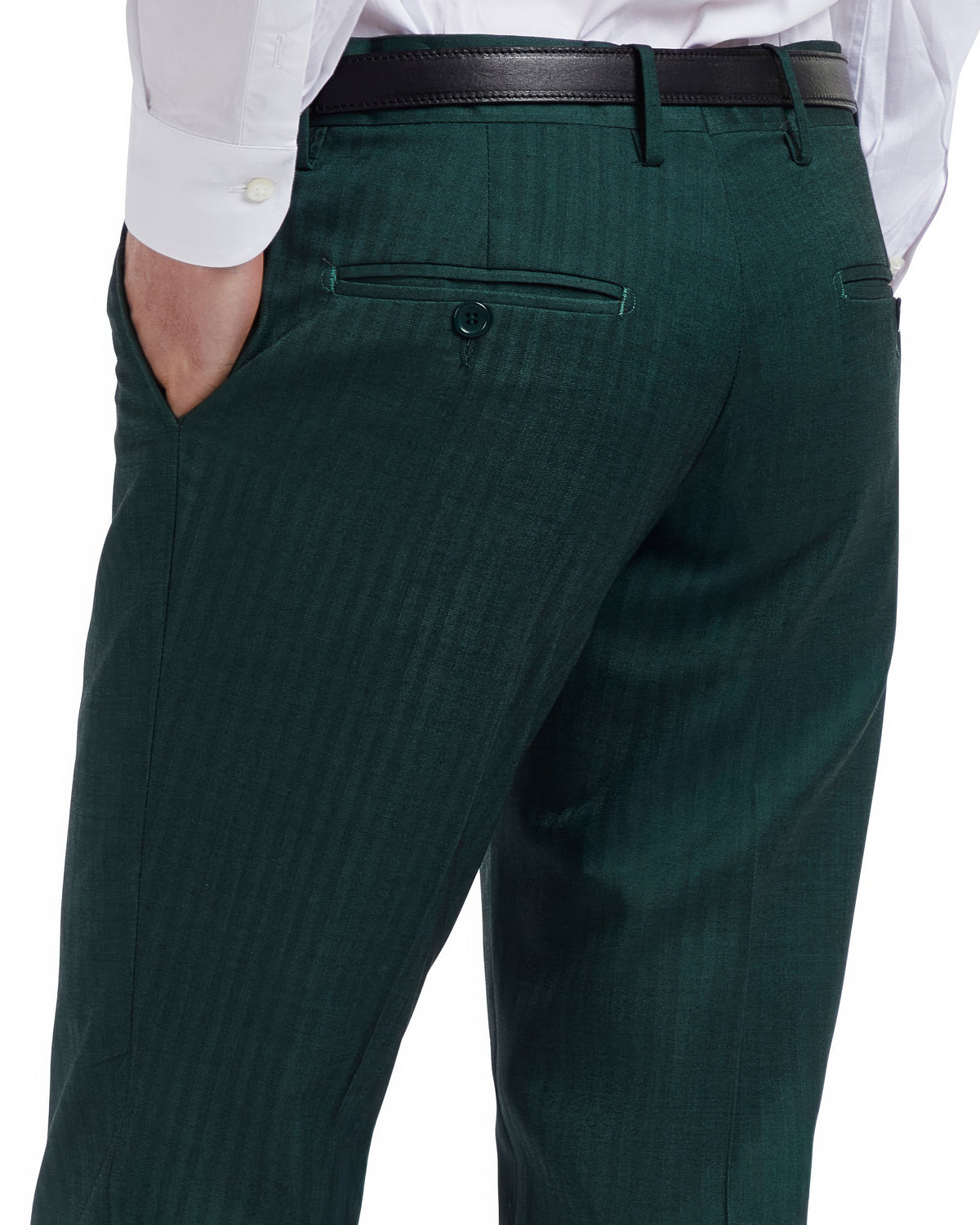 Green pinstripe men's dress pants with a tailored fit and black leather belt detail.