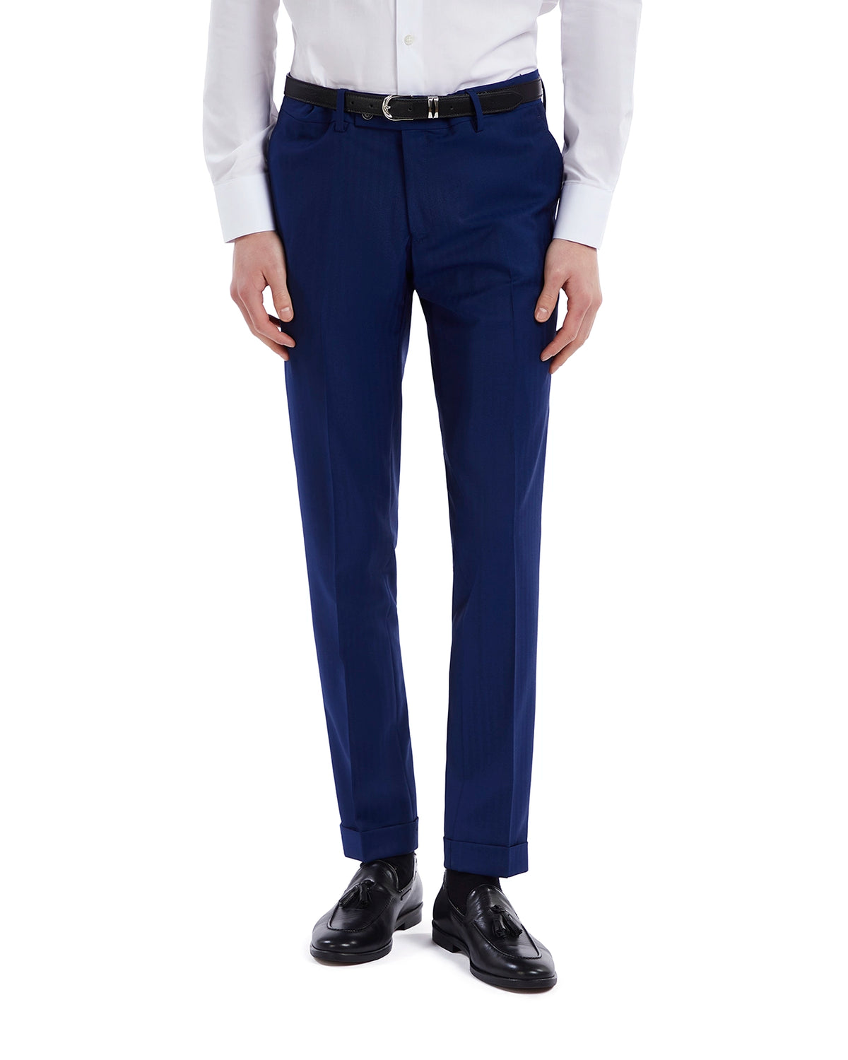 Navy blue tailored dress pants for men, made from lightweight fabric, featuring a slim fit and classic belt loops.