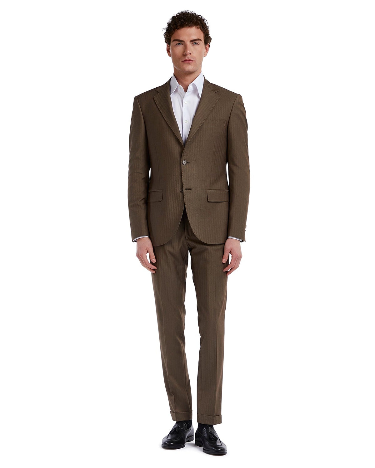 Brown pinstripe suit for men, tailored fit, made of lightweight fabric, paired with a crisp white shirt.