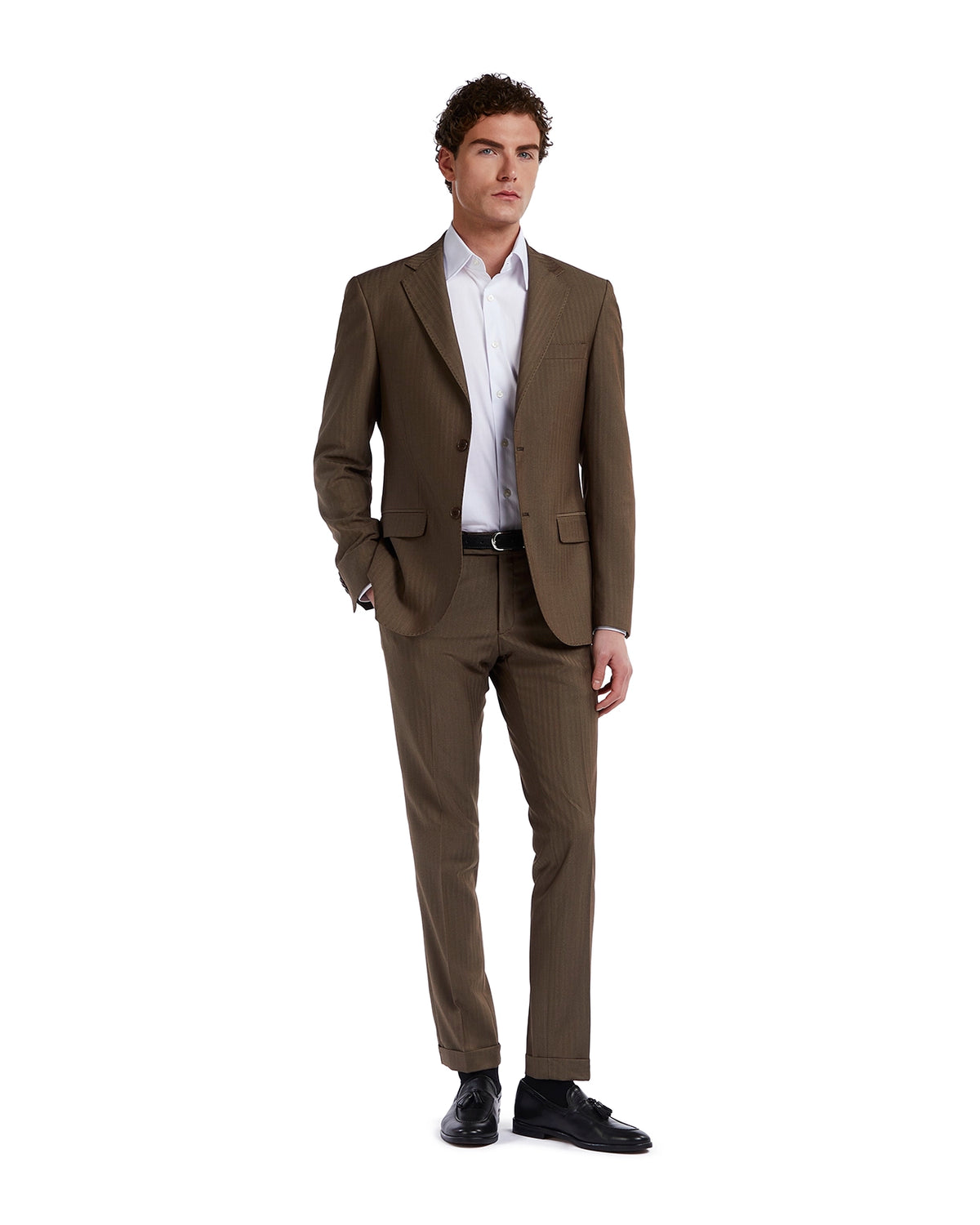Brown pinstripe suit for men, tailored fit, featuring a single breasted blazer and matching trousers.