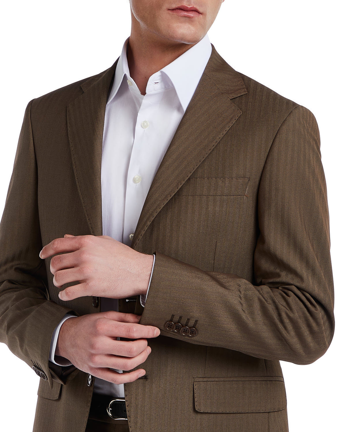 Brown pinstripe blazer in lightweight fabric, paired with a crisp white dress shirt for a sophisticated look.