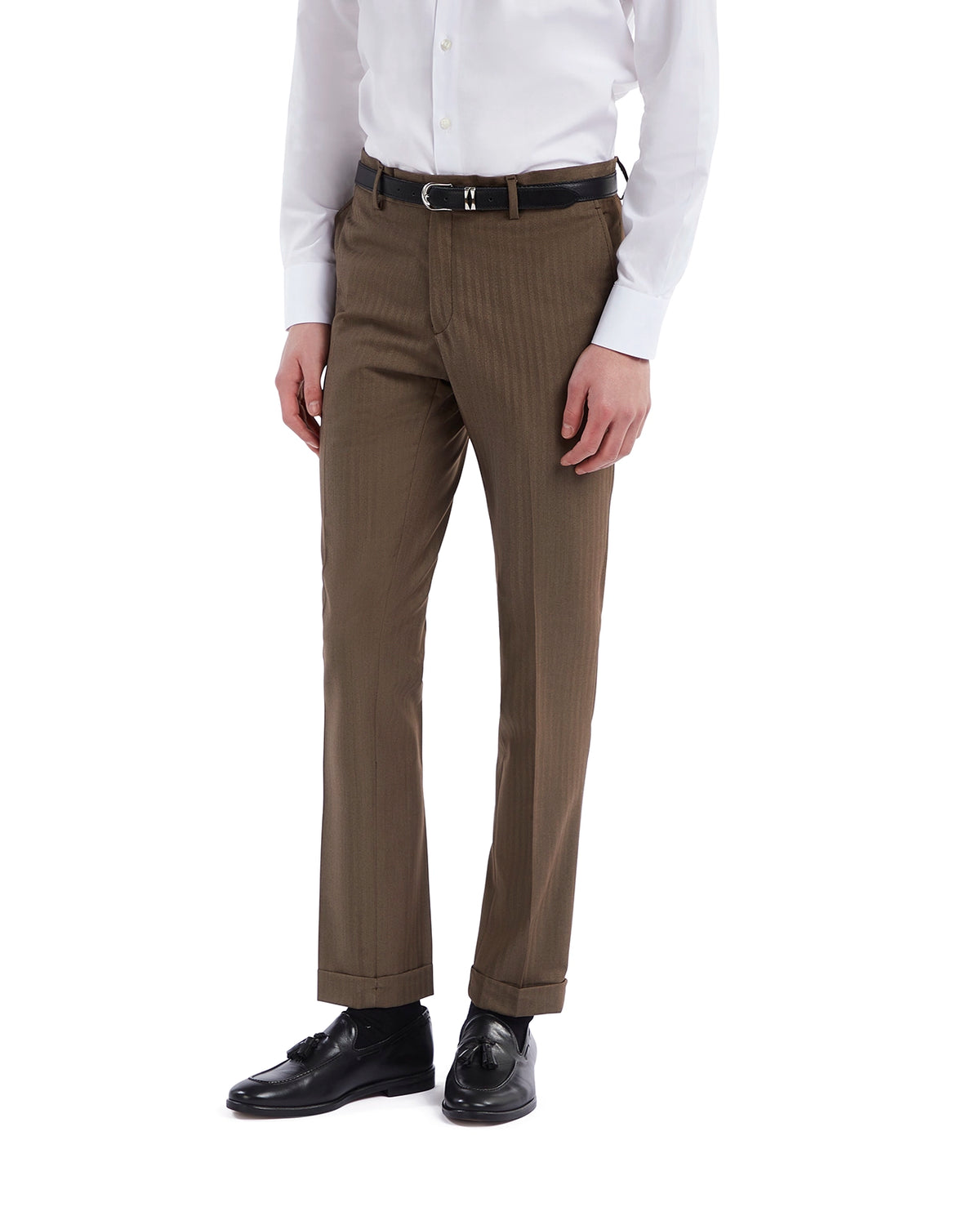 Men's brown striped dress pants in lightweight fabric with a tailored fit, styled with a white shirt and black belt.