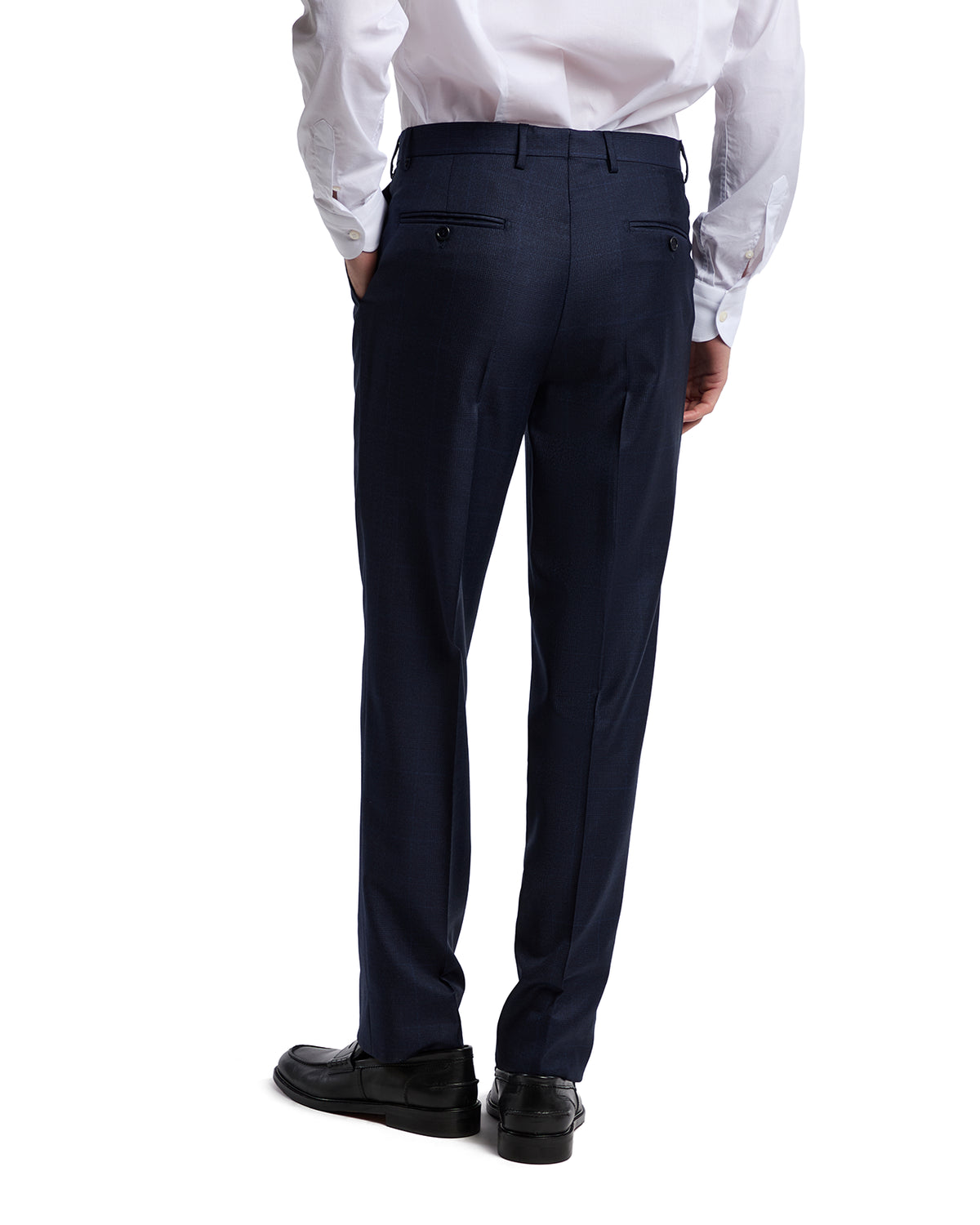 Navy blue tailored dress pants in high-quality fabric with a slim fit, featuring back pockets and sleek finish.