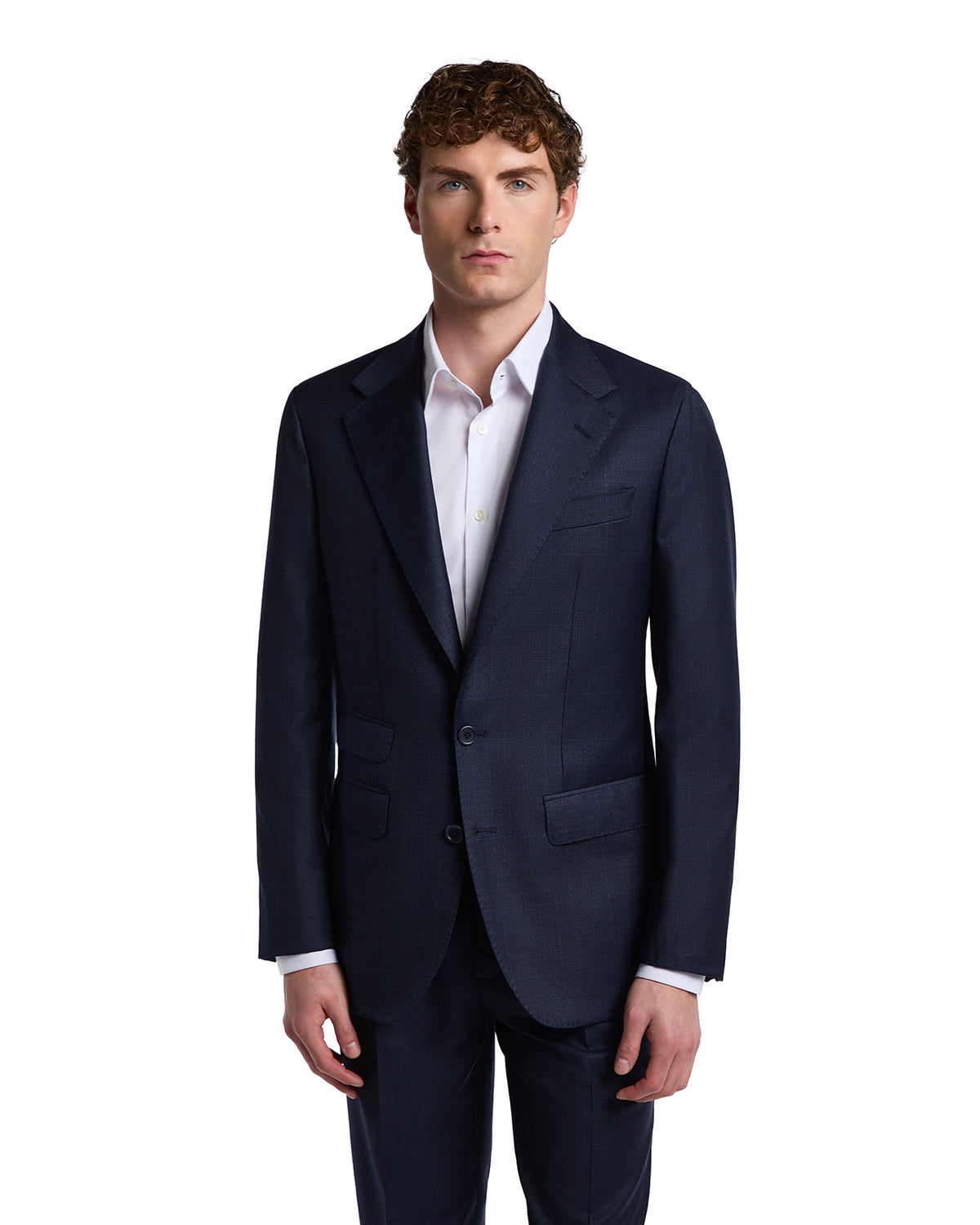 Navy blue tailored men's blazer in fine wool with notch lapels and two front pockets, styled for formal occasions.