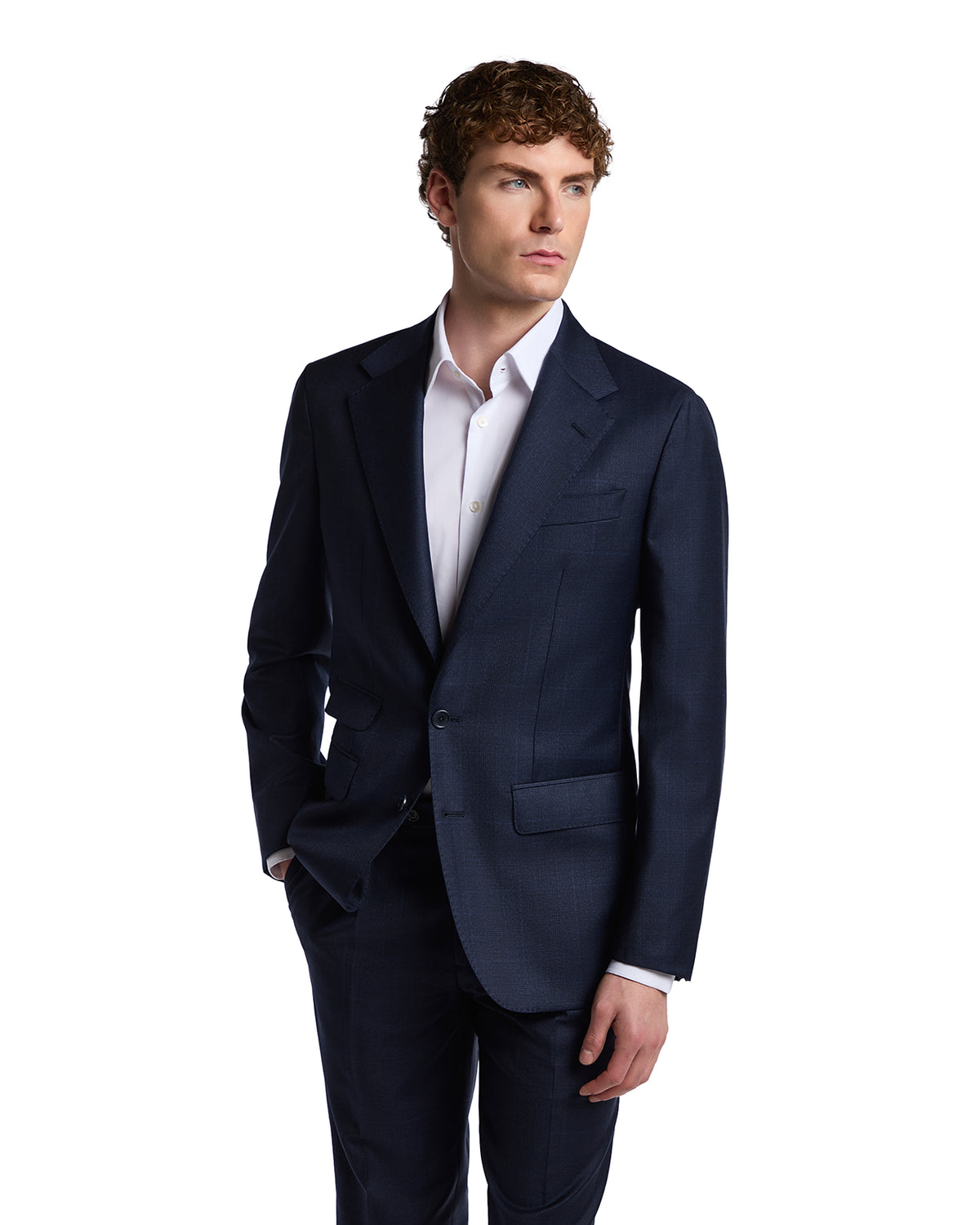 Navy blue tailored suit jacket in lightweight fabric, paired with a crisp white dress shirt. Perfect for formal occasions.