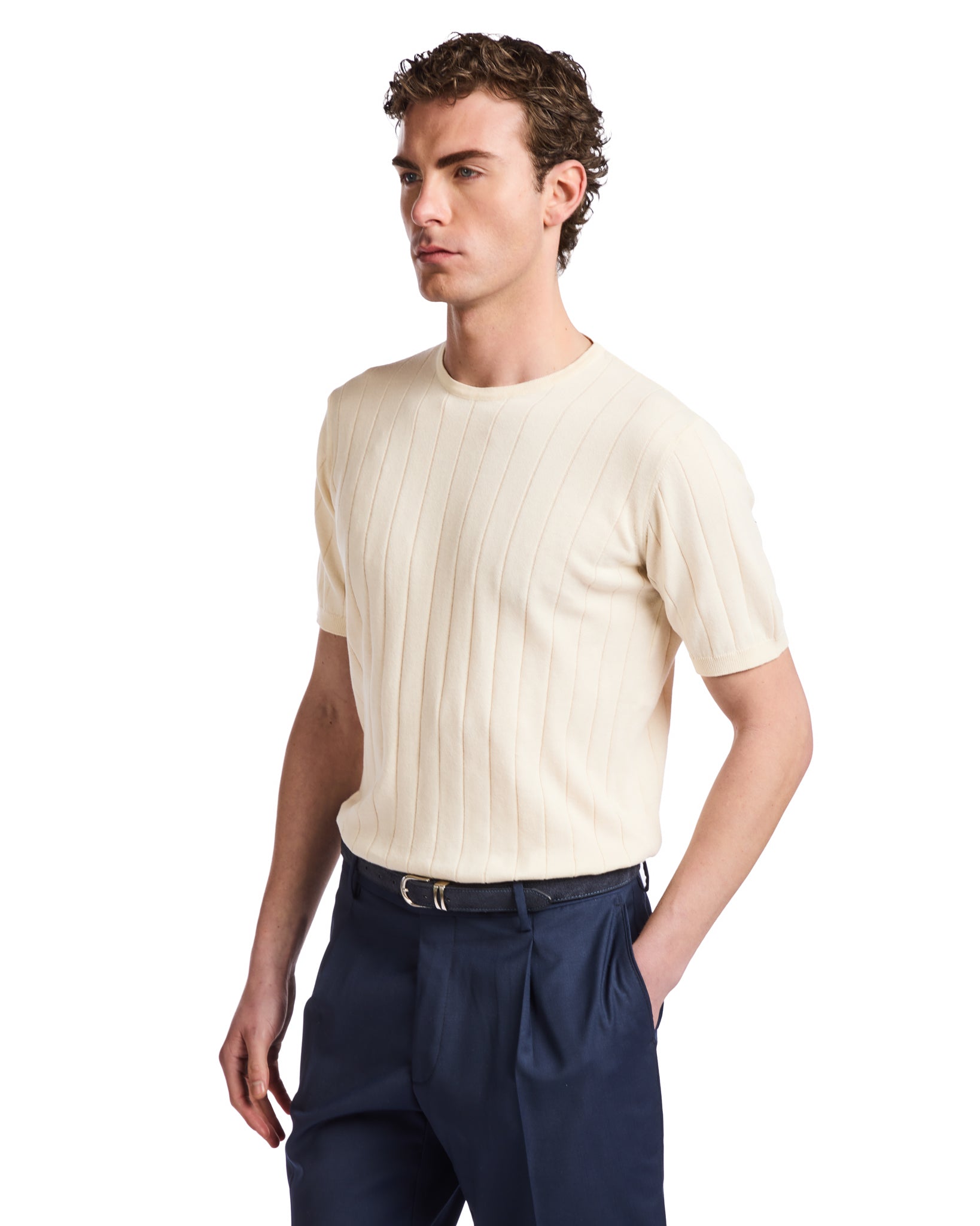 T-shirt Adriano a coste in maglia panna