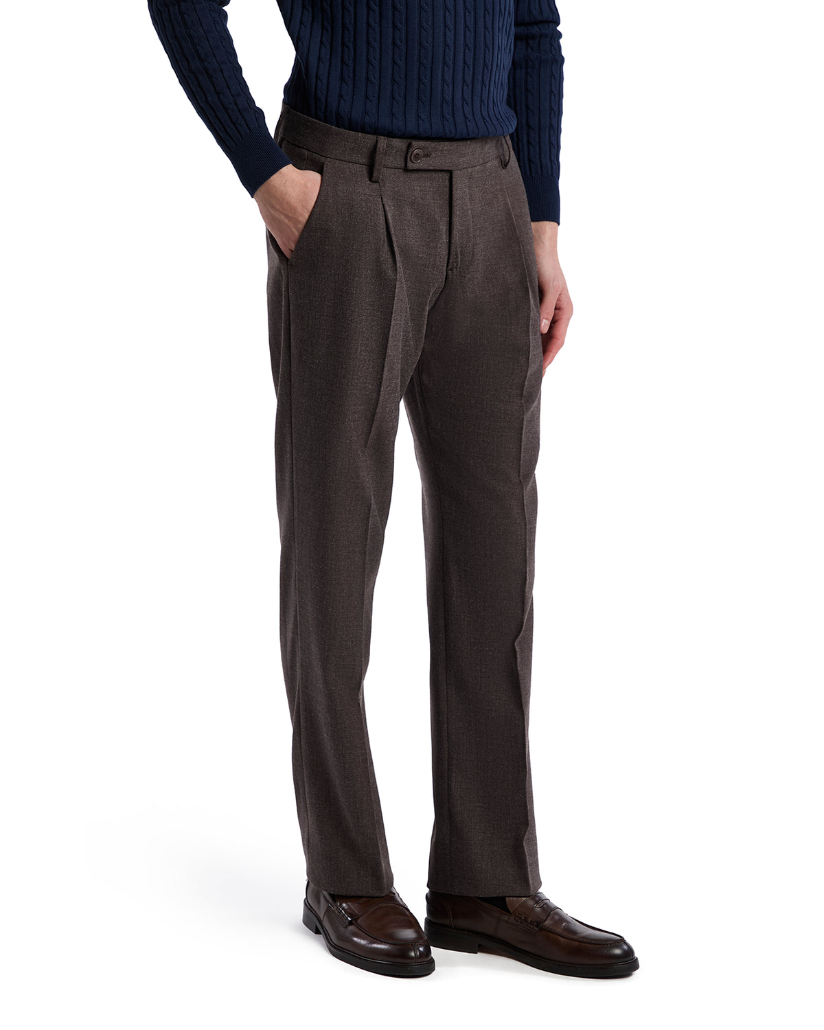 Men's tailored brown dress pants in lightweight wool, featuring a flat front and classic fit. Ideal for formal occasions.