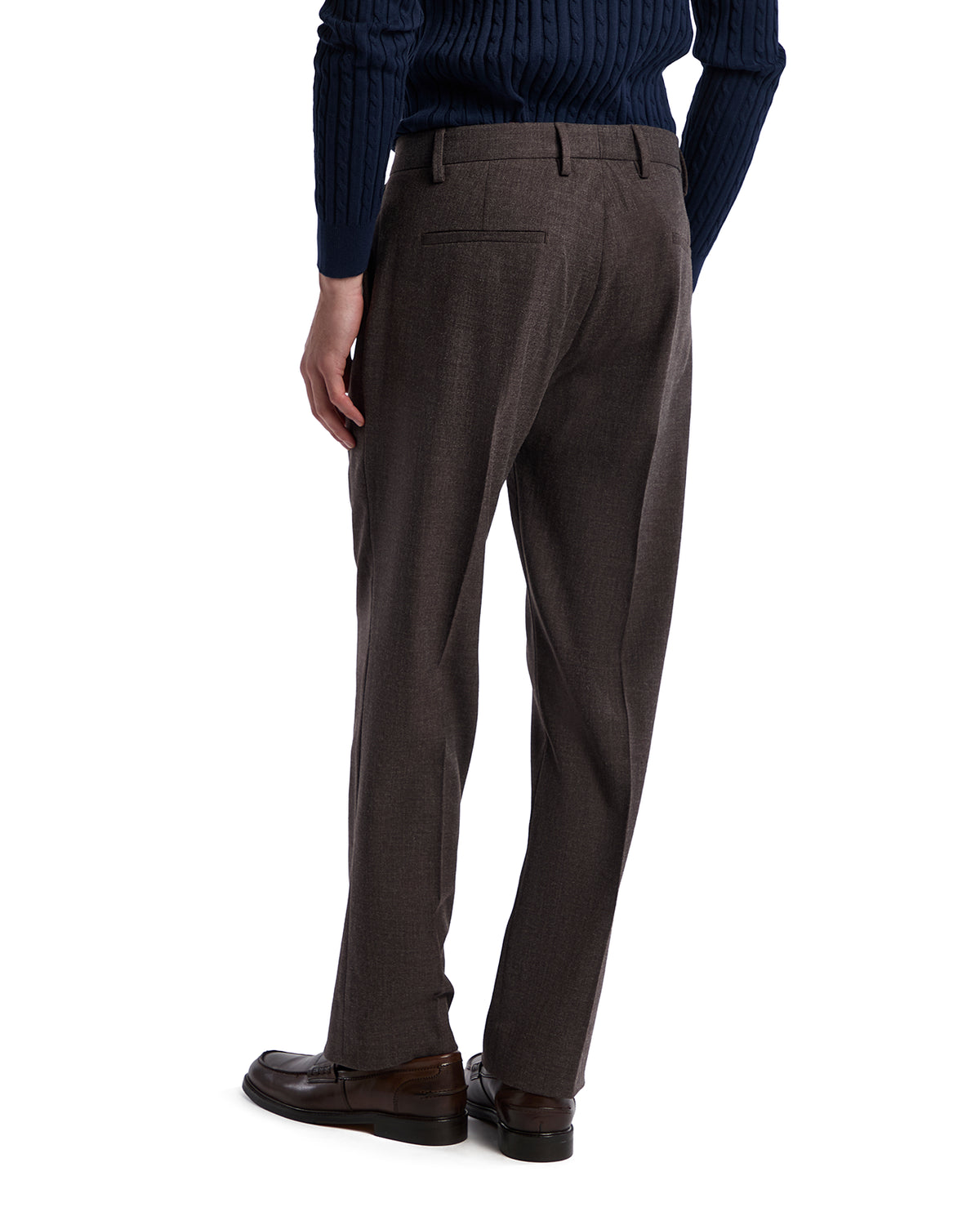 Men's tailored brown dress pants, made from a wool blend, featuring a smooth finish and classic fit.
