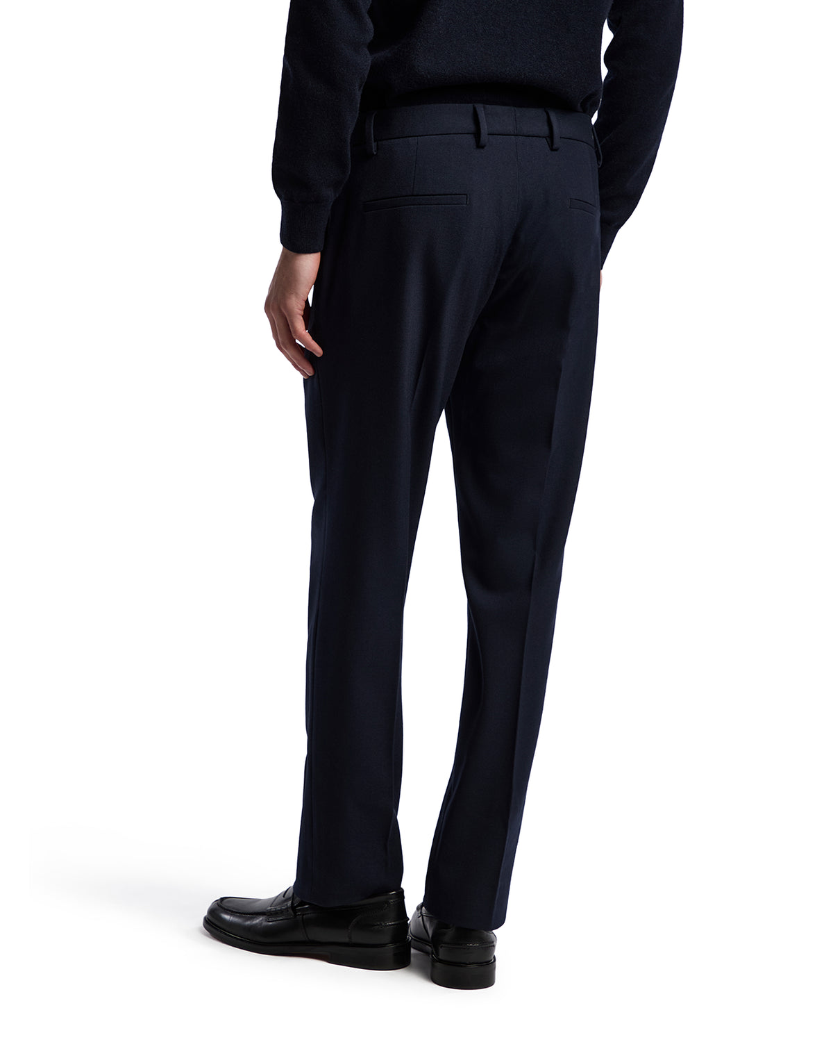 Navy wool dress pants for men, featuring a tailored fit and classic design, perfect for formal occasions.