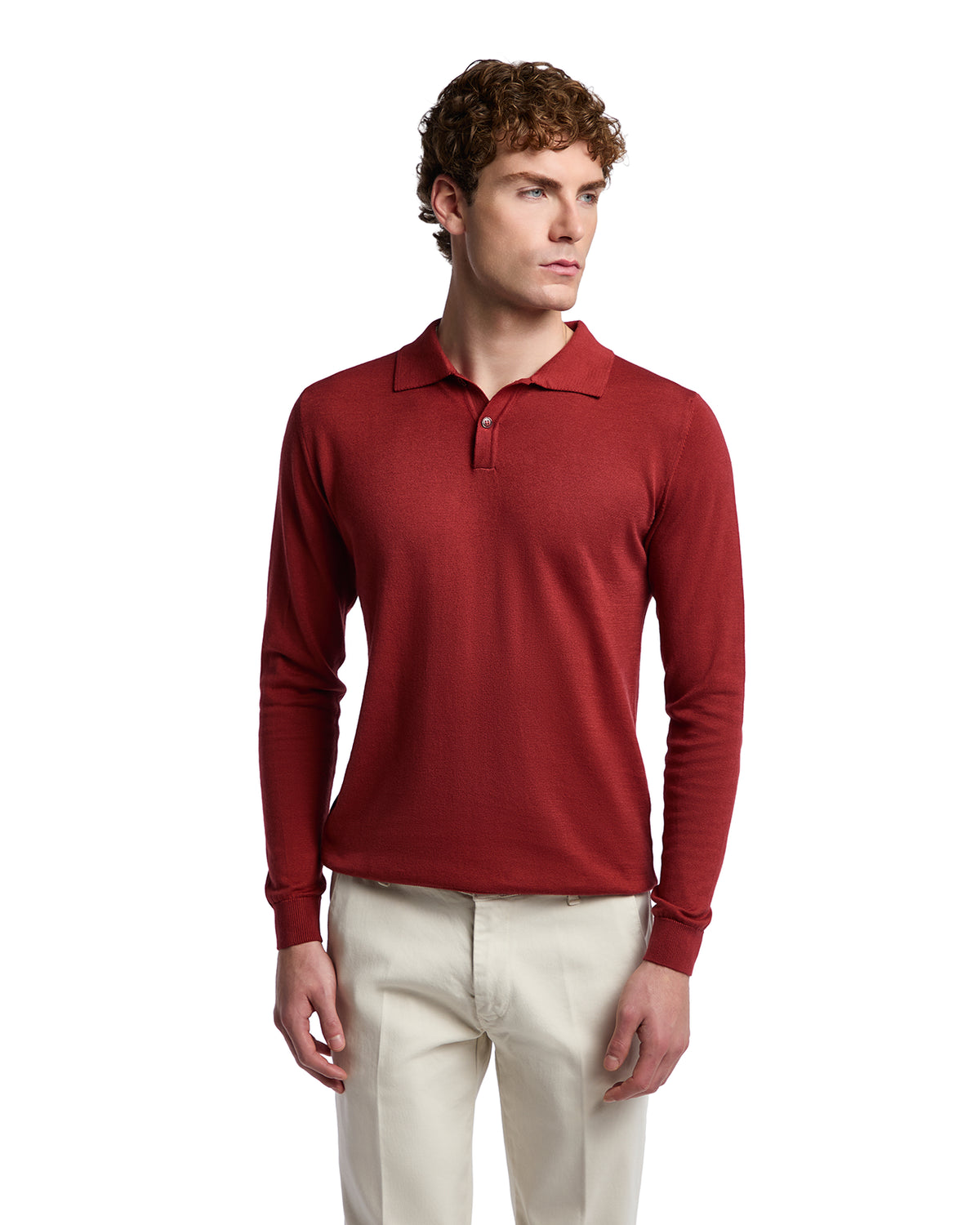 Men's long-sleeve polo shirt in burgundy, made from soft cotton blend, featuring a classic collar and relaxed fit.