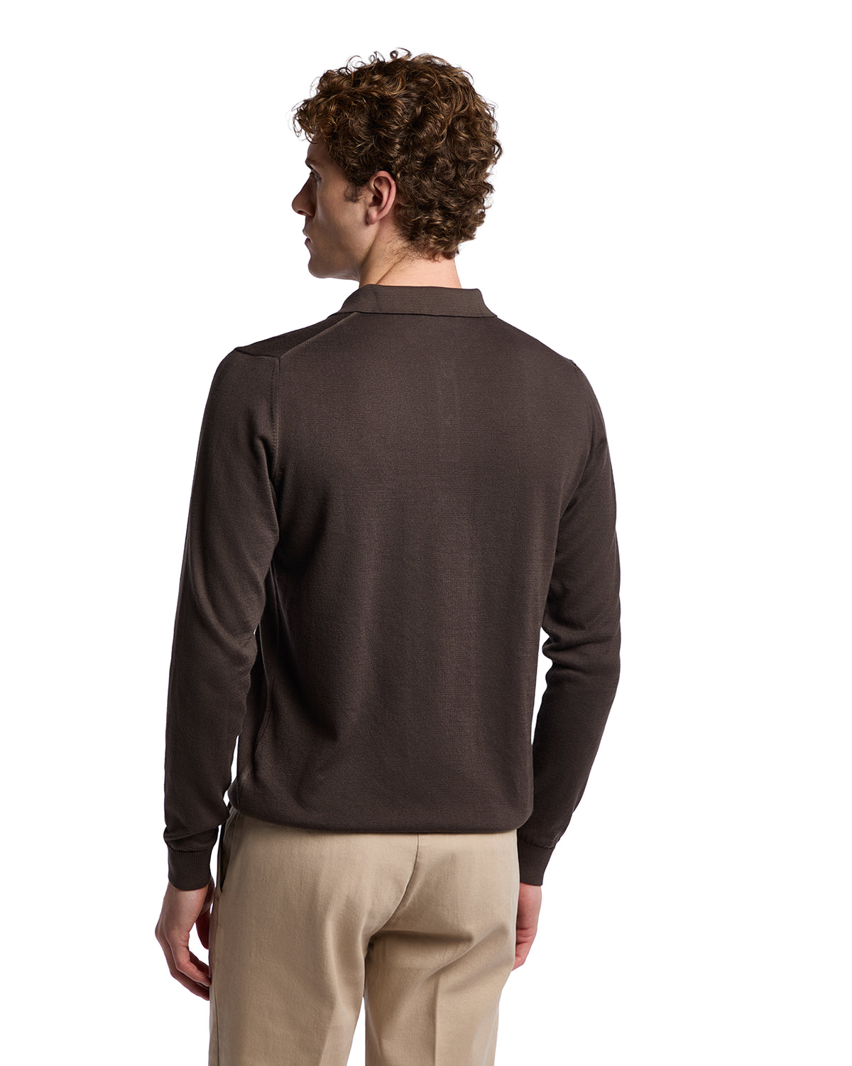 Men's dark brown long-sleeve polo shirt made from soft cotton, perfect for casual or smart-casual outfits.