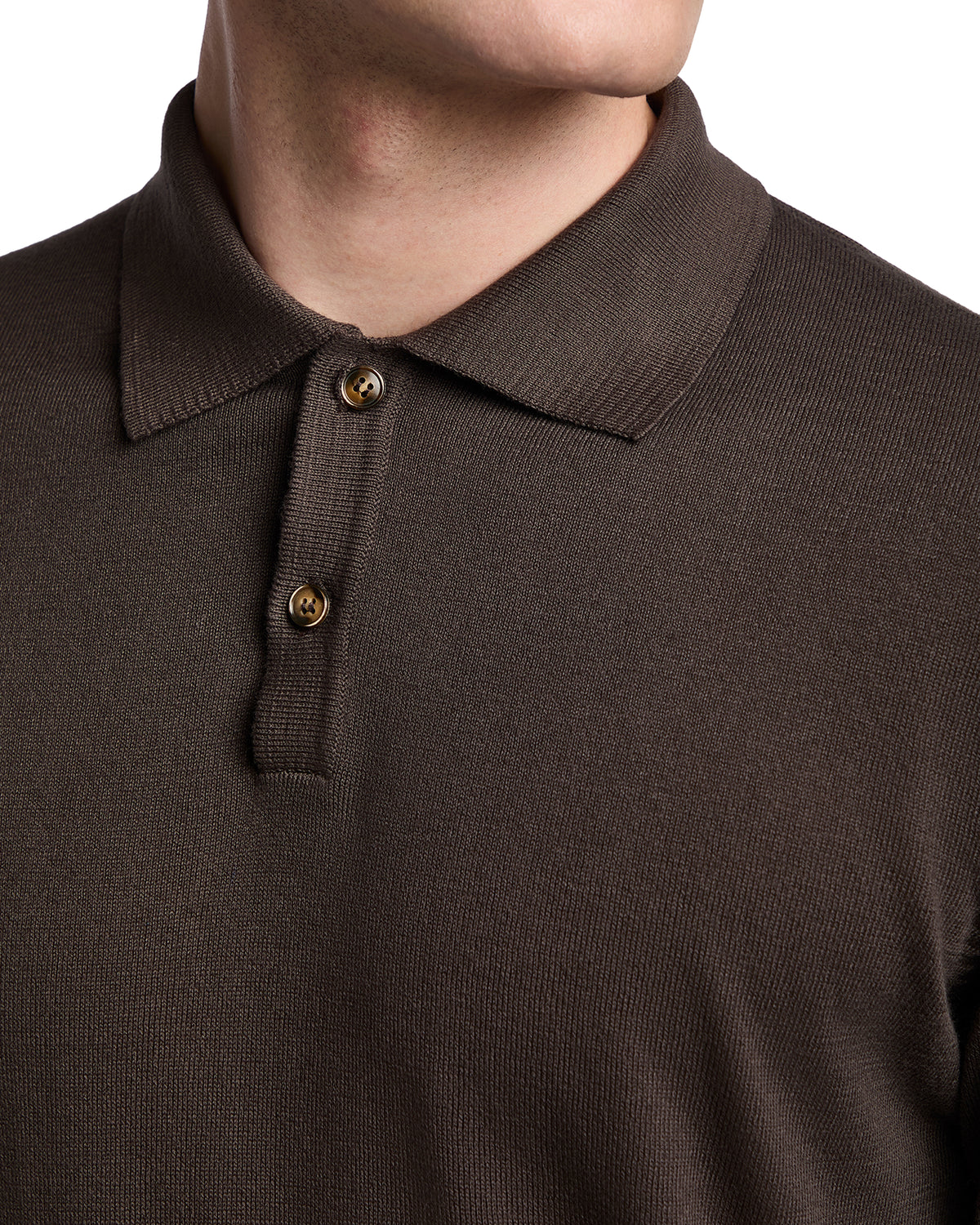 Brown textured polo shirt with a classic collar and button closure, perfect for casual or semi-formal outings.