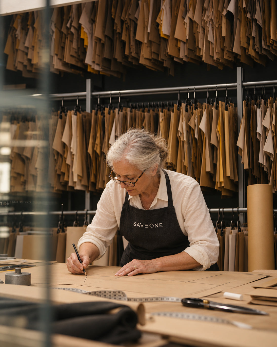 Elderly woman in an apron meticulously sketches patterns on brown paper in a stylish workshop with hanging fabric samples.