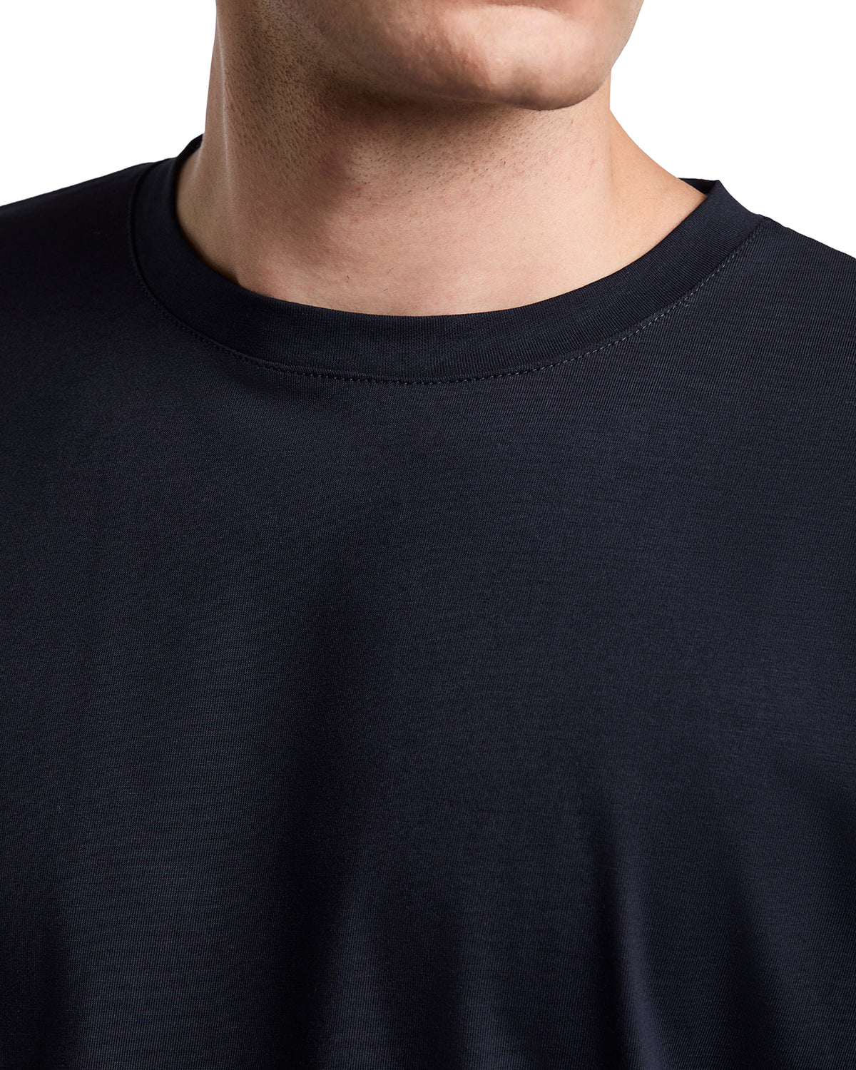 Men's navy blue crew neck t-shirt, made from soft cotton blend material for a stylish, comfortable fit.