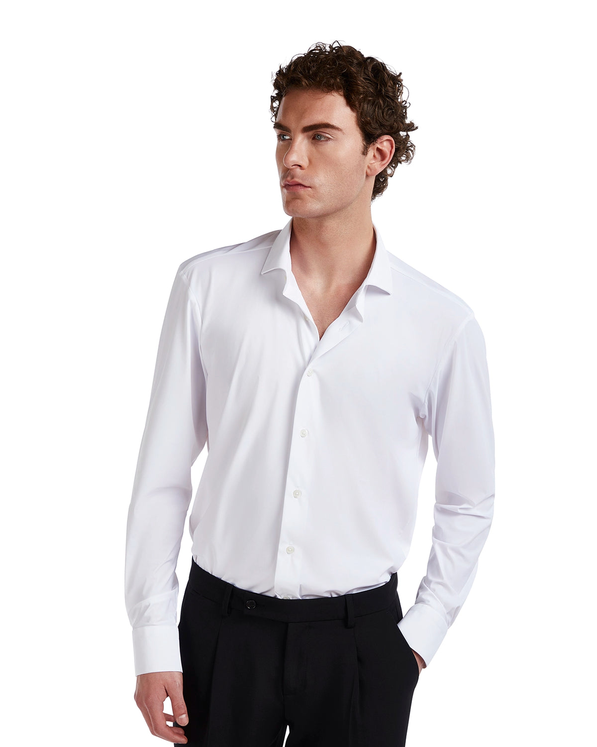 Men's white dress shirt, sleek fabric, modern fit, long sleeves, perfect for formal or business attire.