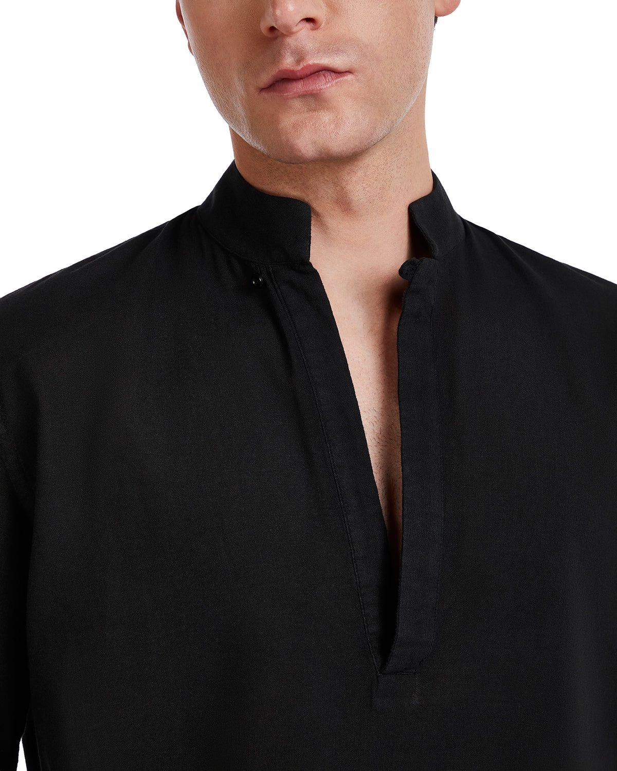 Men's black linen kurta with a mandarin collar and a button placket for a stylish, modern look.