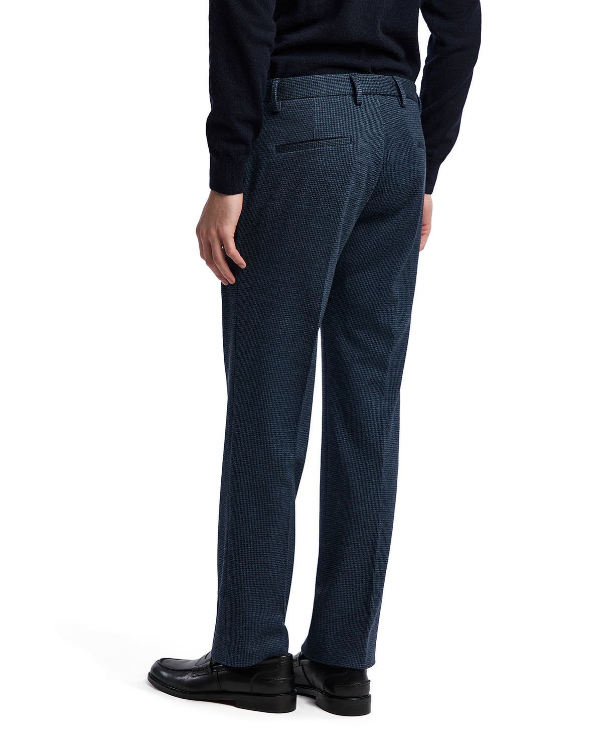 Men's navy blue tailored trousers in soft fabric with elastic waistband, perfect for formal or smart-casual wear.