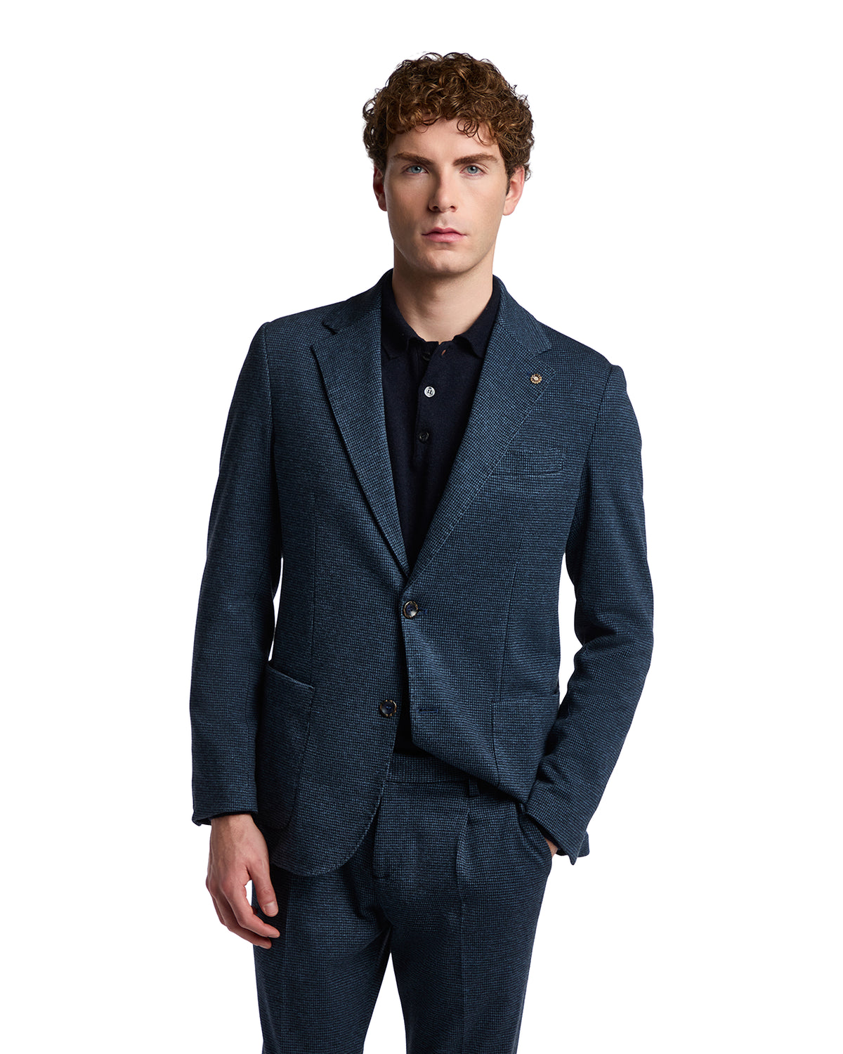 Dark blue wool-blend suit jacket with notch lapels and a single button, perfect for sophisticated casual wear.
