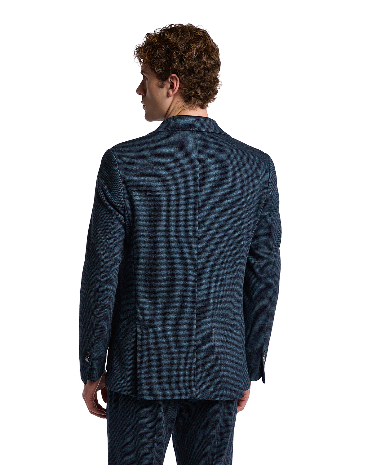 Men's navy blue wool blazer with a tailored fit and subtle texture, ideal for formal occasions.