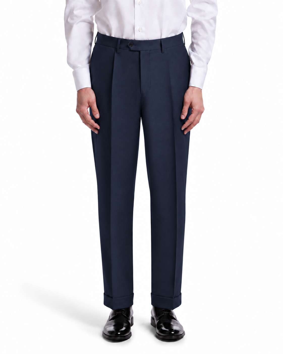 Navy blue tailored dress pants for men, featuring a classic fit and cuffed hem, made from premium fabric.
