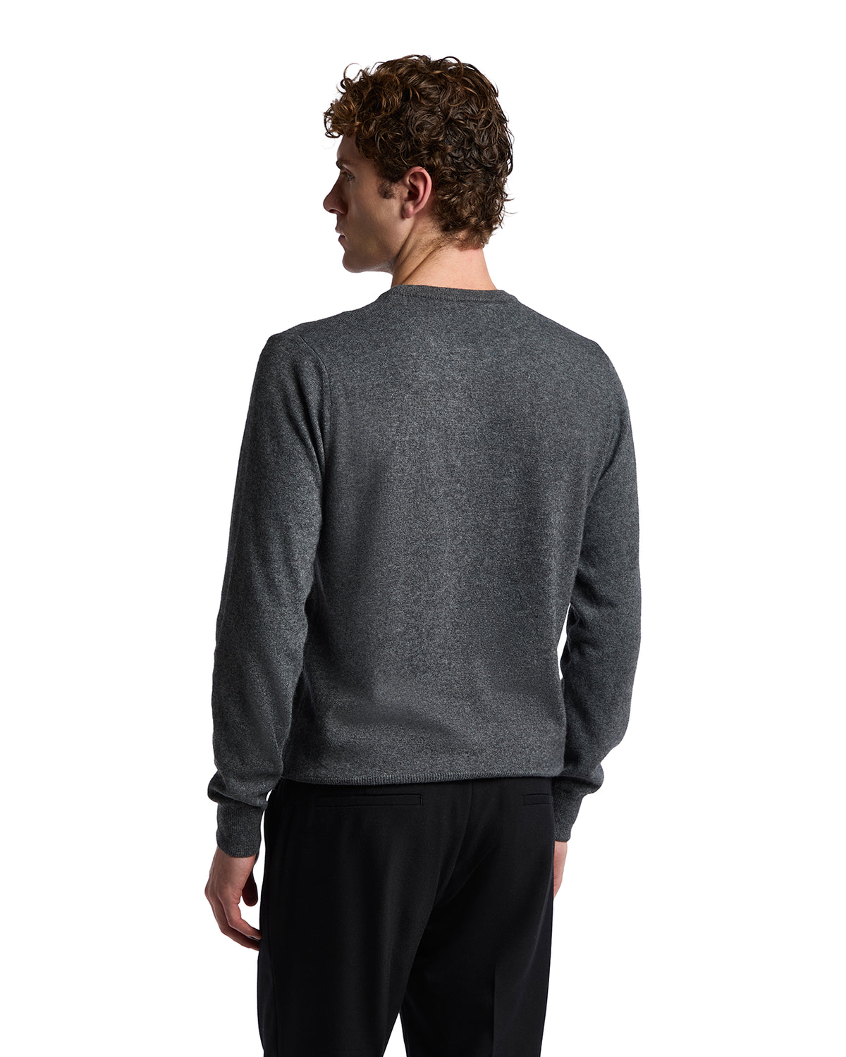 Men's dark gray crew neck sweater made of soft wool, featuring a classic fit and long sleeves.