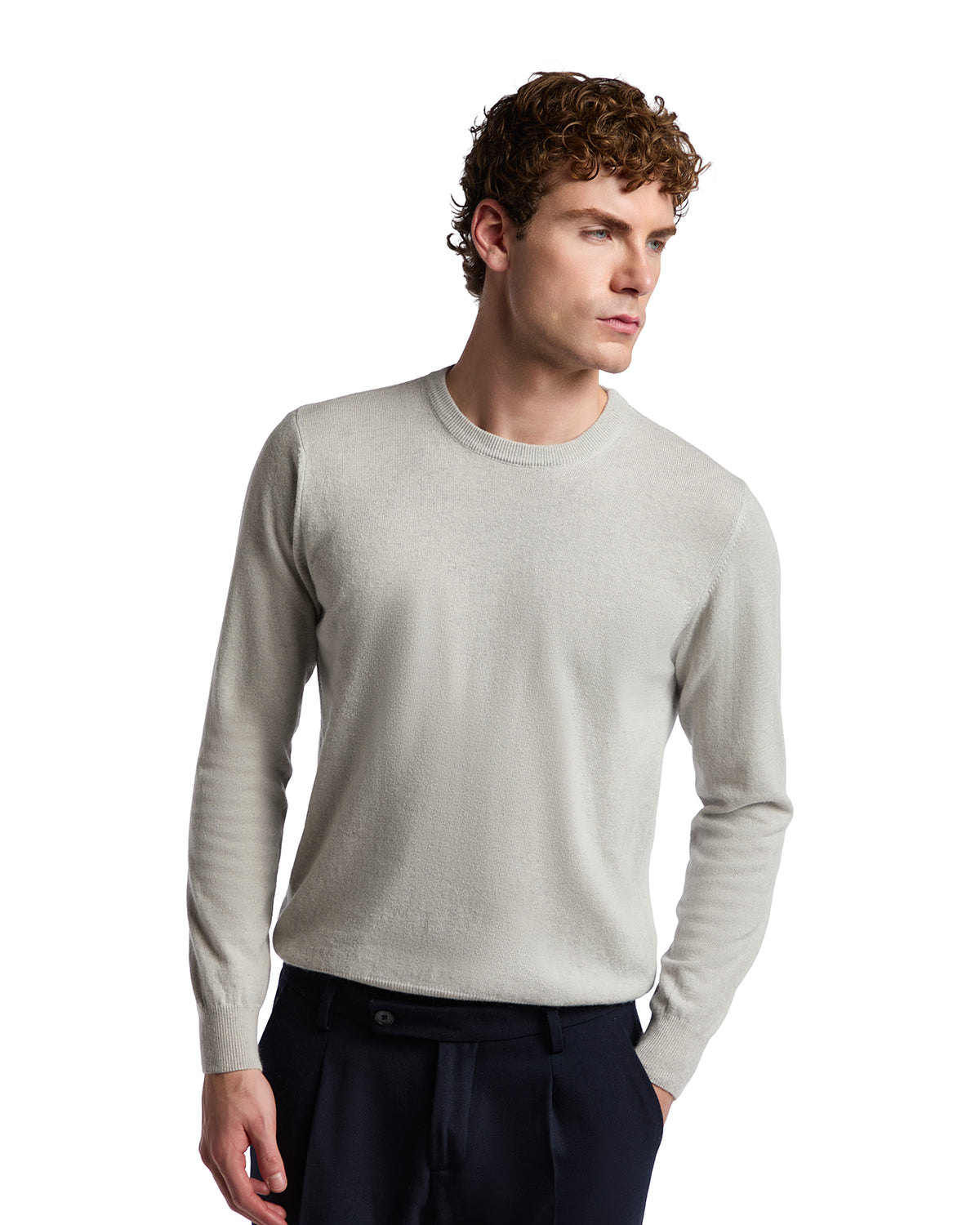 Light gray crewneck sweater in soft knit fabric, perfect for a smart-casual look. Ideal for layering or standalone wear.