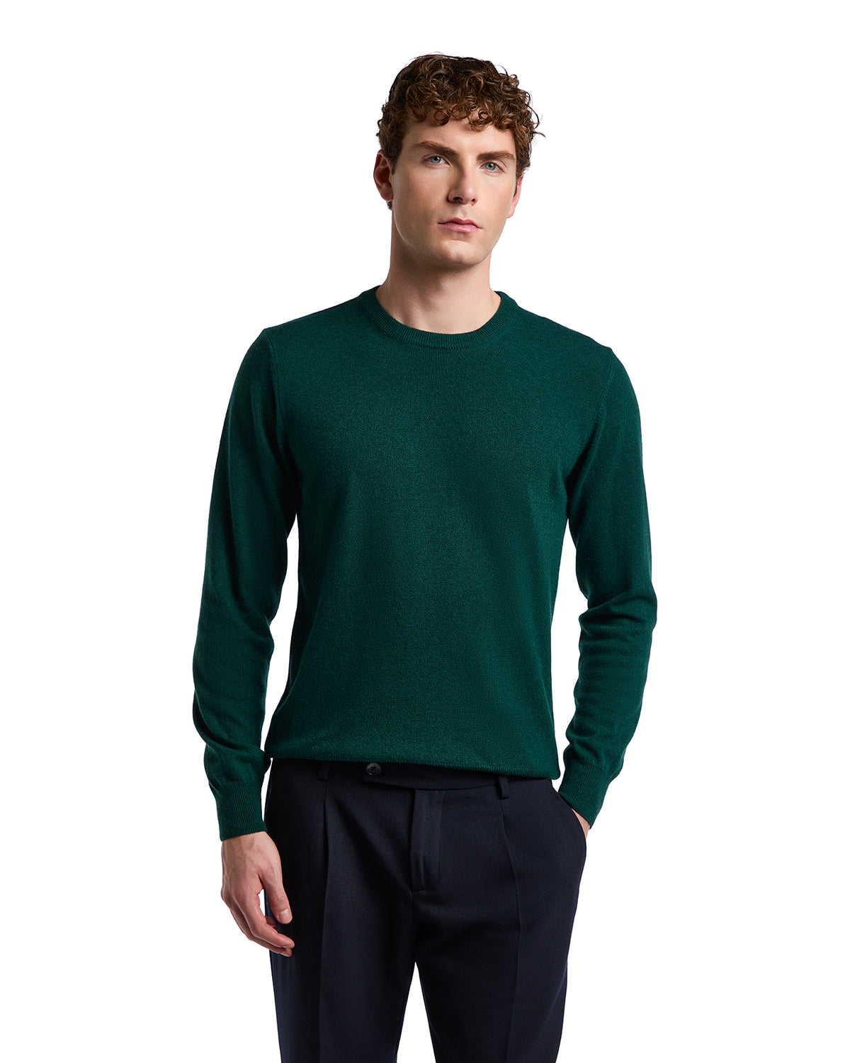 Men's emerald green crewneck sweater in soft wool blend, perfect for casual or smart-casual wear.