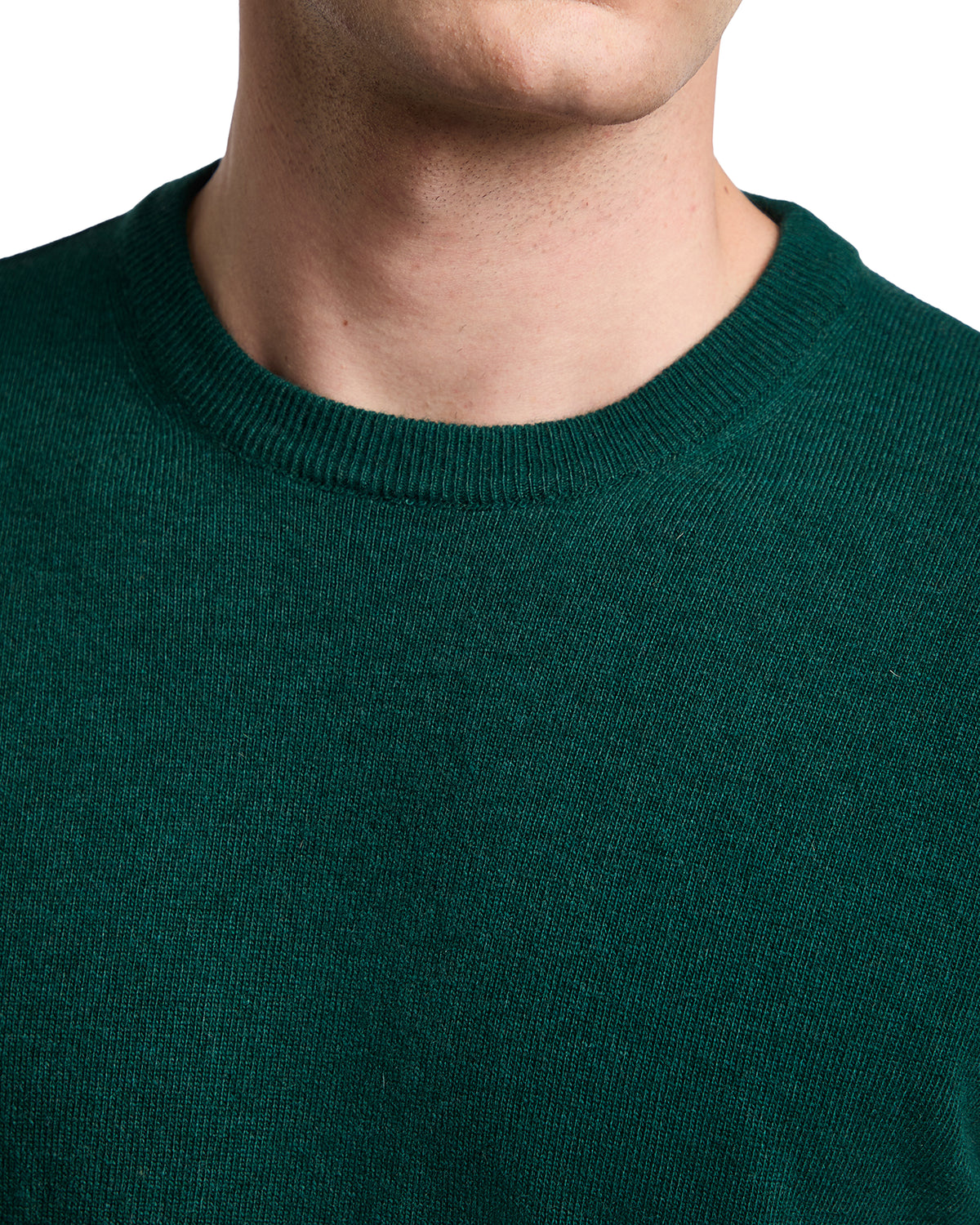 Green cotton crew neck sweater for men, featuring a classic fit and soft texture. Ideal for casual styling.