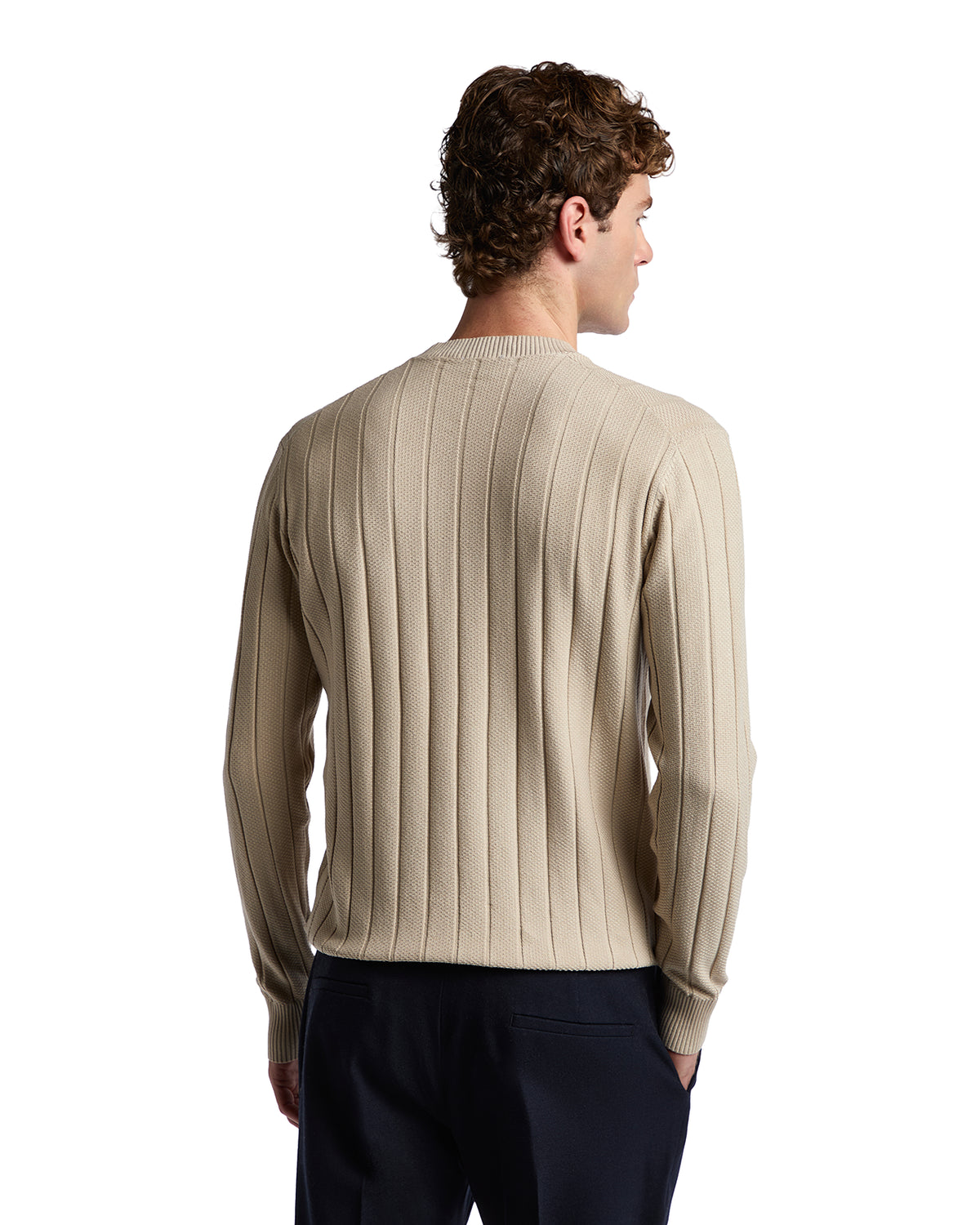 Men's ribbed beige sweater made of soft cotton, featuring a classic crew neck and long sleeves.