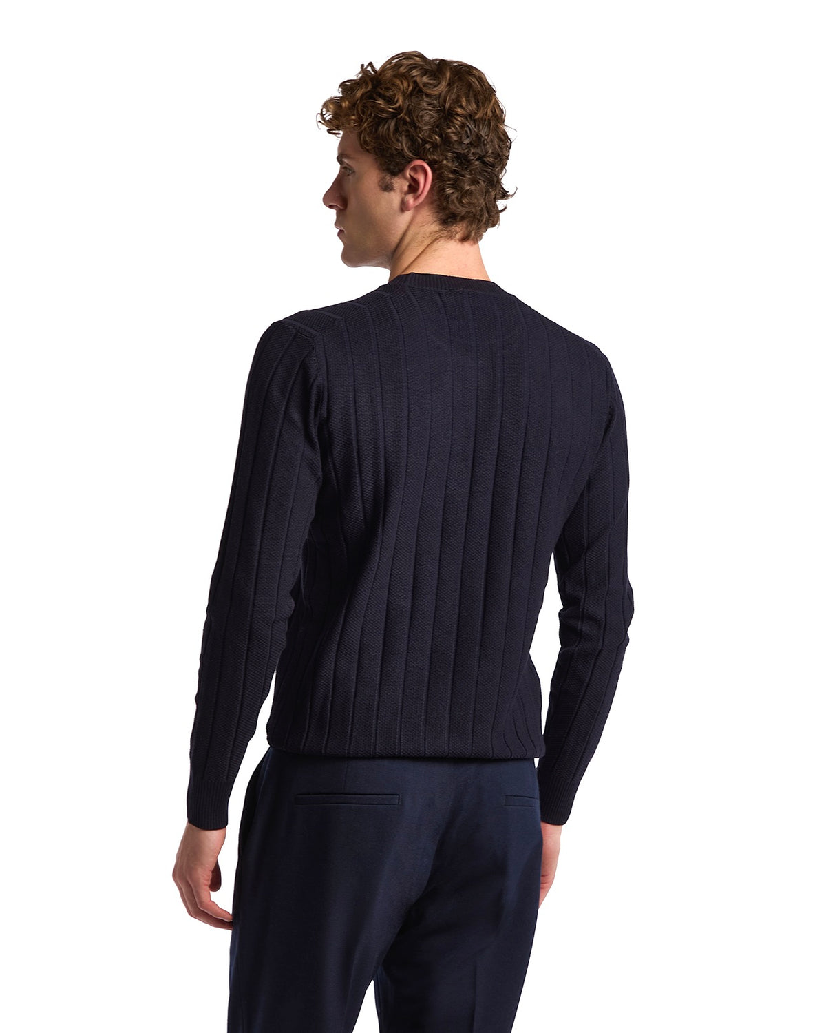 Men's navy ribbed knit sweater, made from soft cotton blend, featuring a fitted silhouette and long sleeves.
