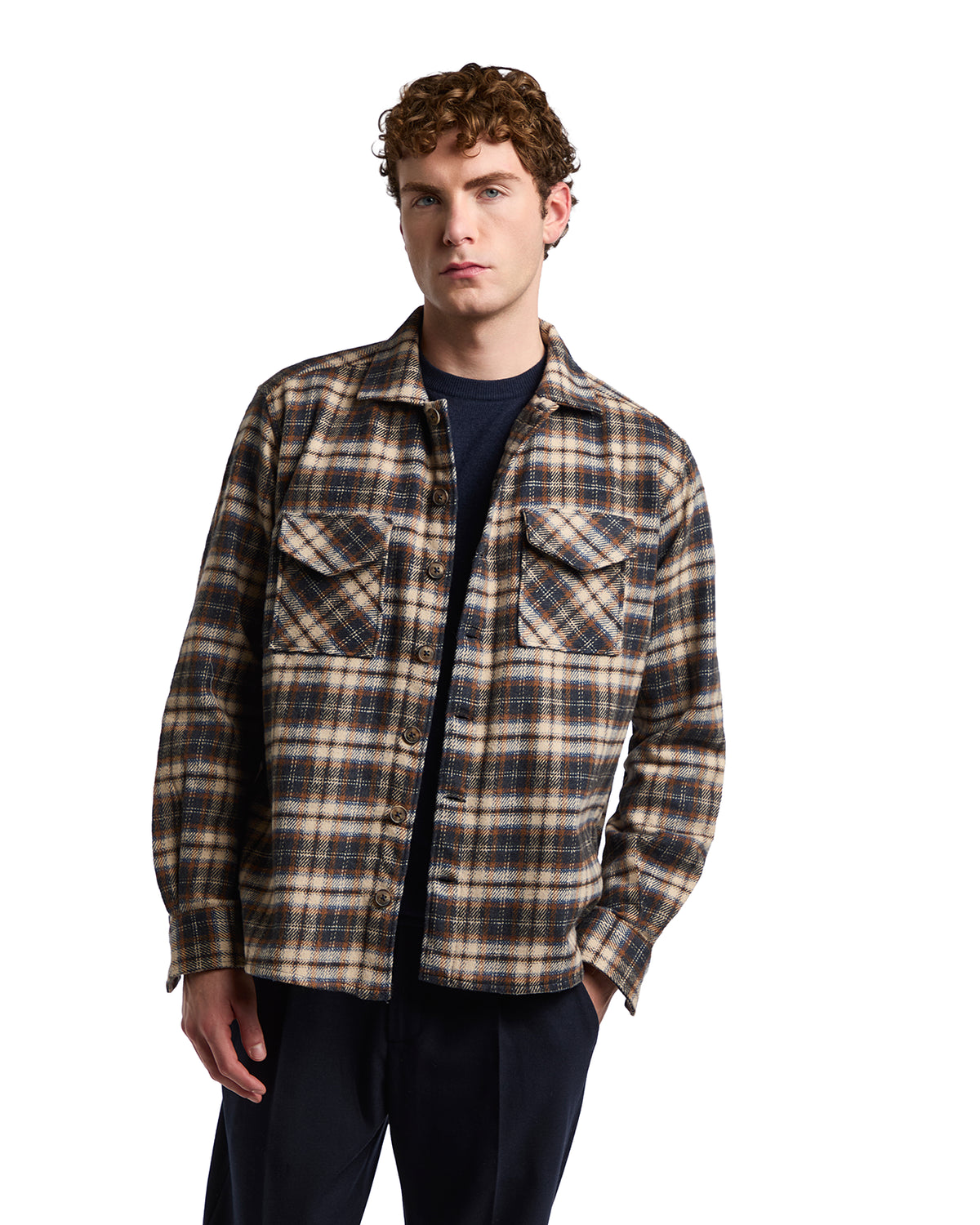 Men's brown plaid flannel shirt with two chest pockets, perfect for stylish layering in cooler weather.