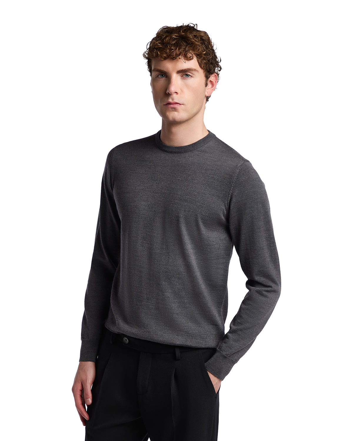 Men's grey merino wool sweater, crew neck, lightweight, casual style, perfect for layering and year-round wear.