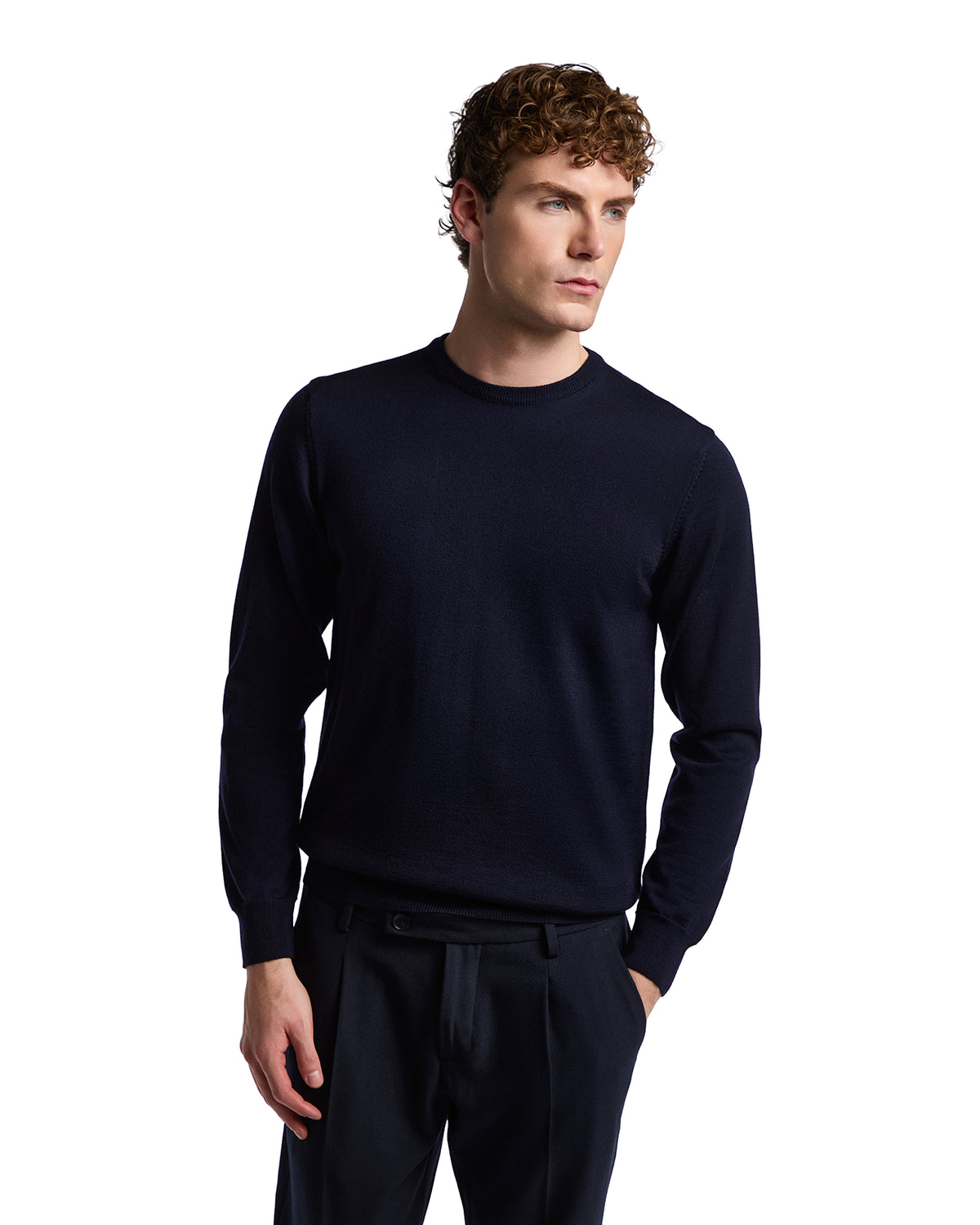 Men's navy crew neck sweater, made of soft knit fabric, perfect for casual or semi-formal occasions.