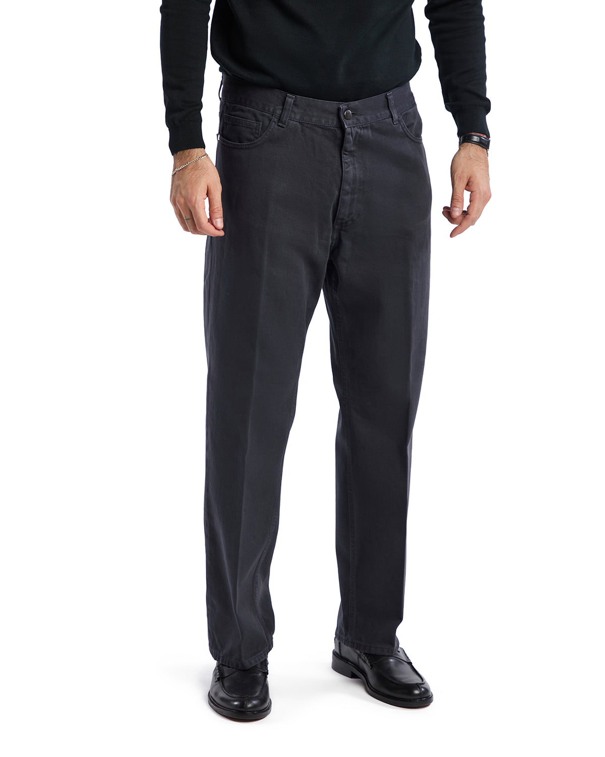 Men's black straight-leg chinos in cotton blend, featuring a classic button closure and five-pocket design.