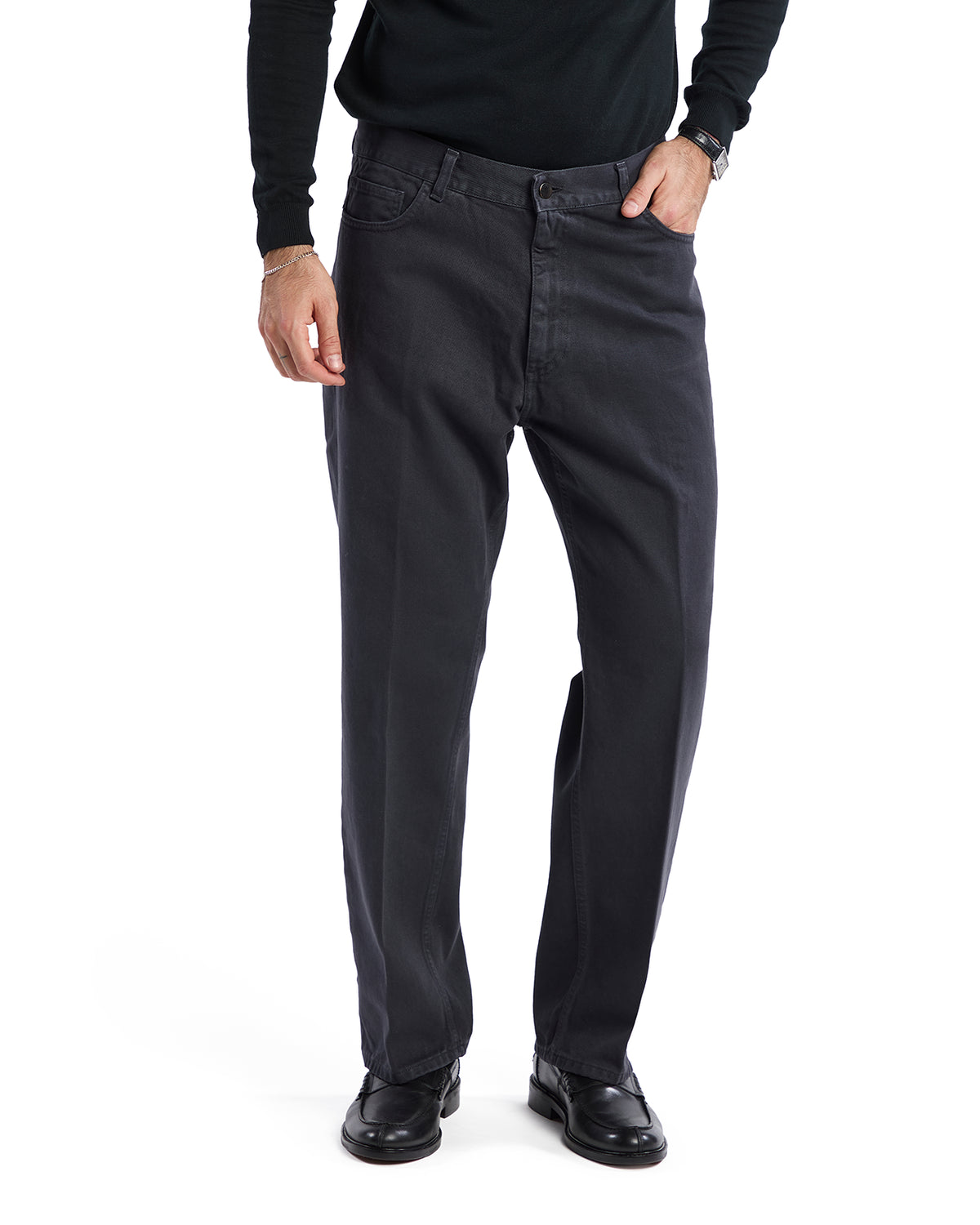 Men's black cotton straight-leg pants, classic fit, versatile style for casual and formal occasions.