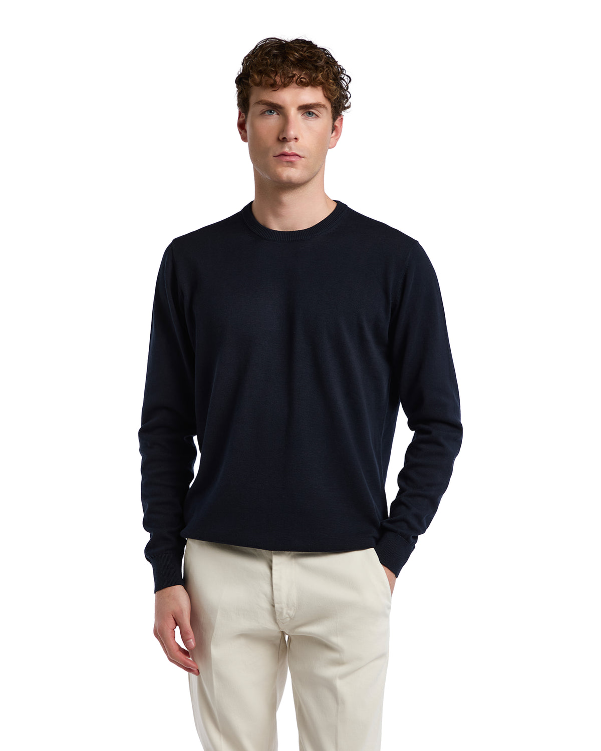 Navy blue knit crewneck sweater for men, made from soft material, perfect for casual or smart-casual wear.