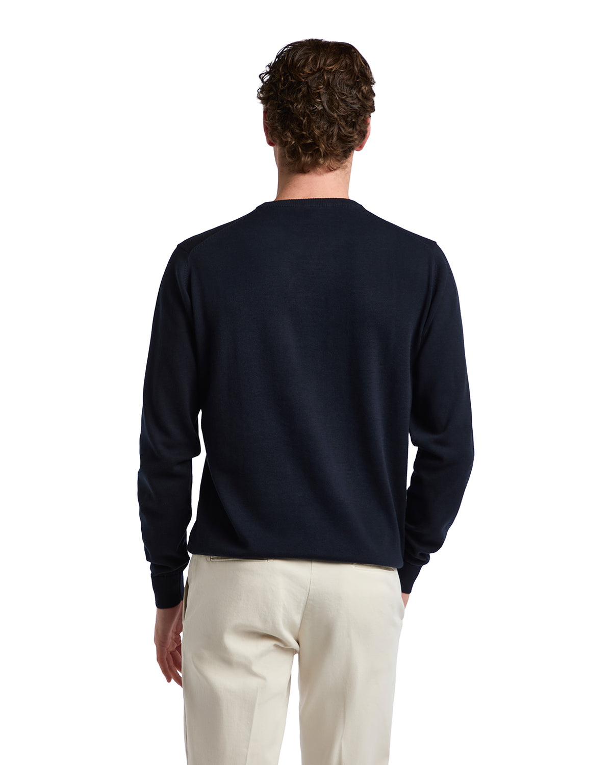 Men's navy blue knit sweater, crew neck, long sleeves, made of soft cotton blend. Perfect for casual wear.