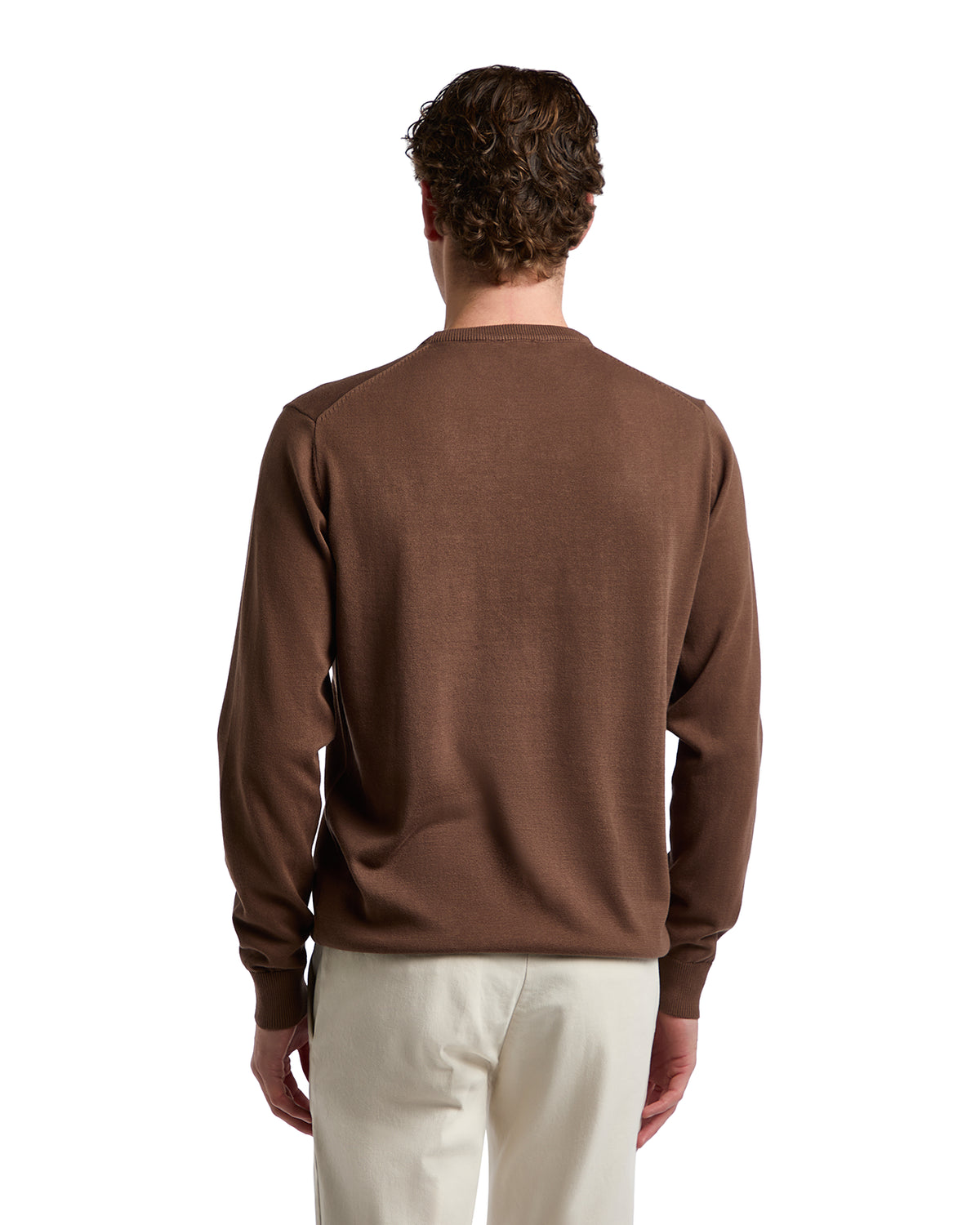 Brown cotton sweater for men, featuring a simple crew neck and long sleeves, perfect for casual wear.