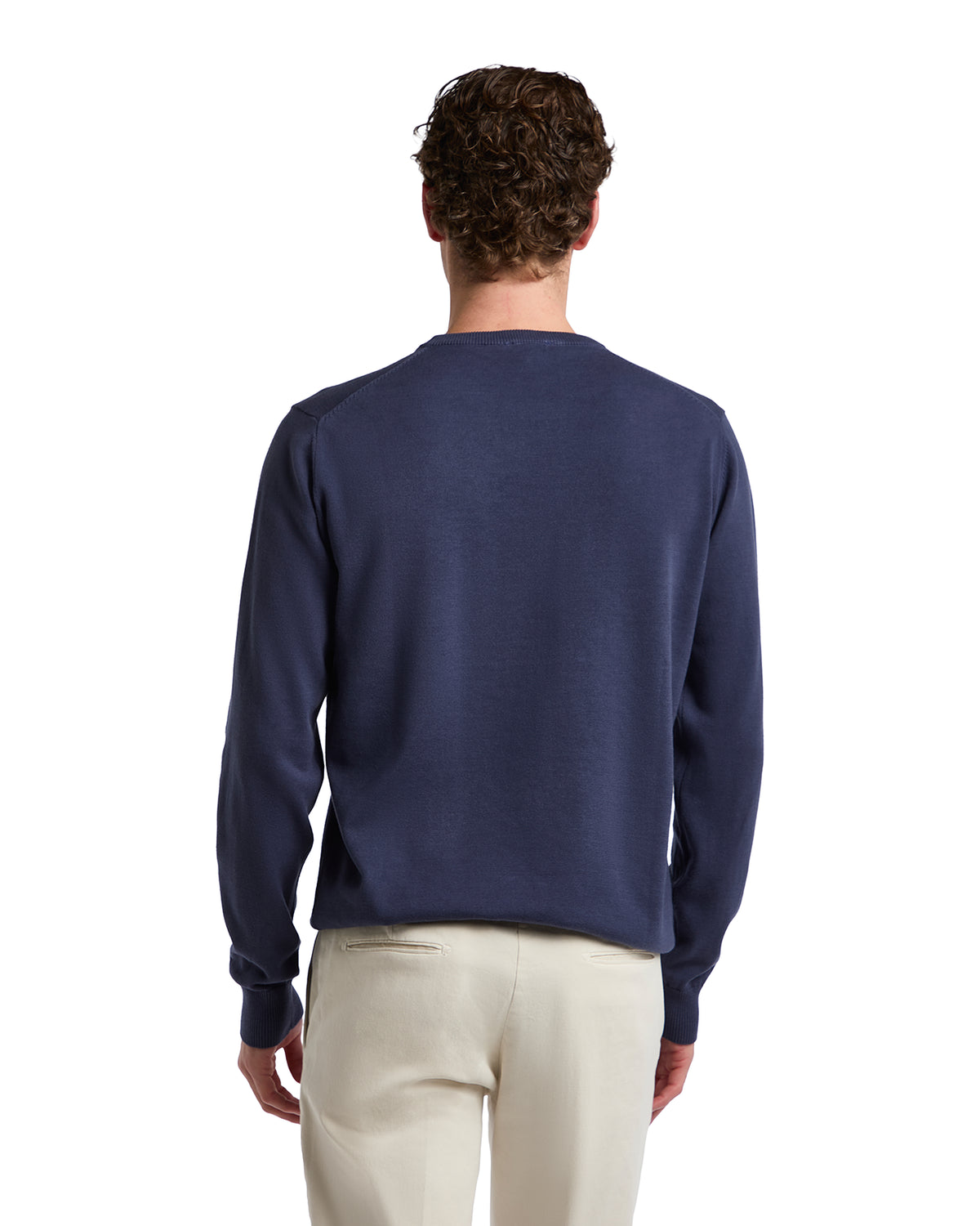 Men's navy blue cotton pullover sweater with long sleeves and a classic fit, perfect for casual wear.