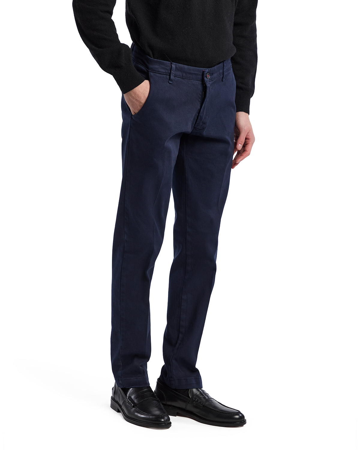 Men's navy blue chinos, tailored fit, made from soft cotton blend, styled with side pockets and a classic waistband.