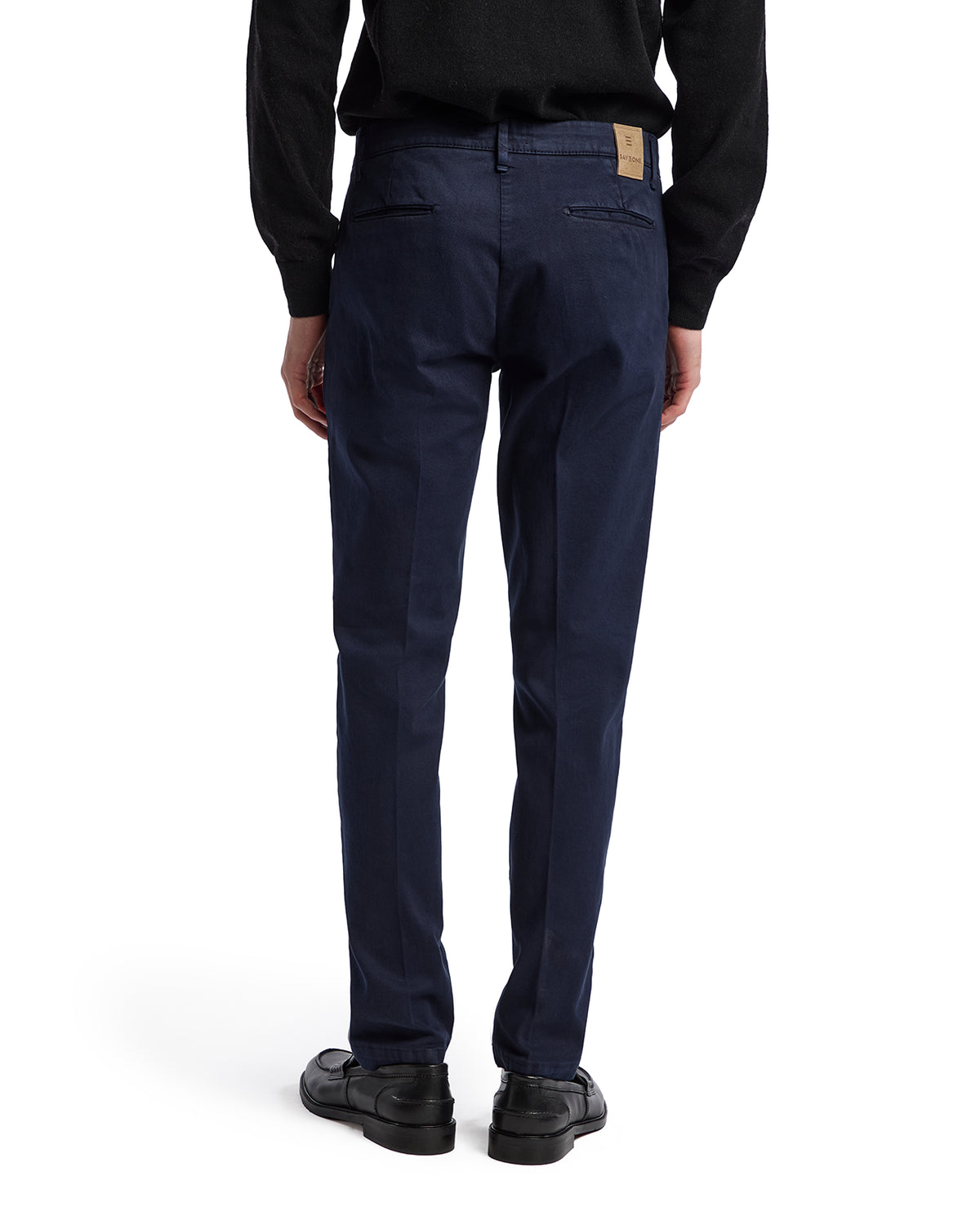 Men's slim-fit navy chinos made from lightweight cotton twill, featuring a classic design and back pockets.