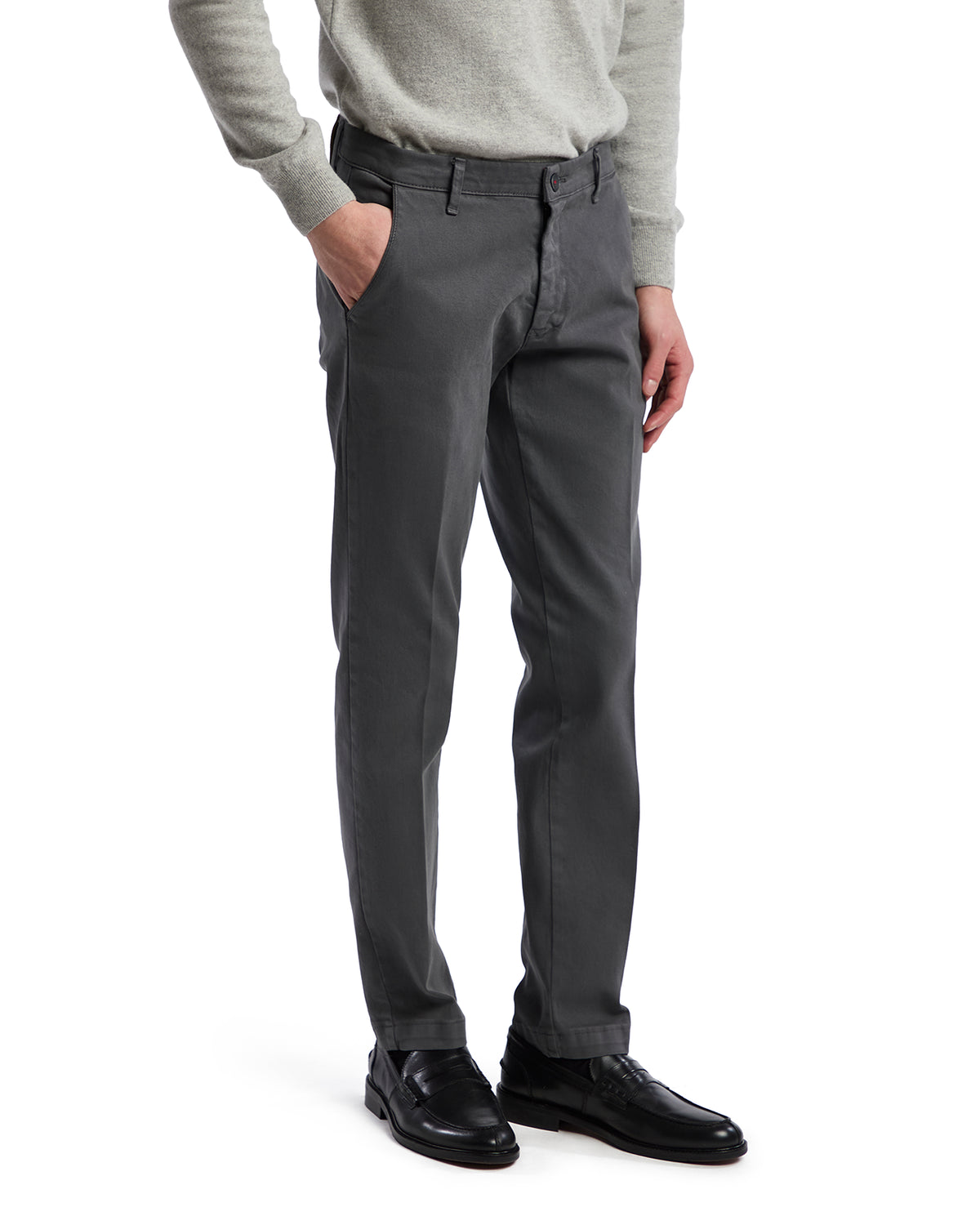 Men's slim-fit charcoal gray dress pants in breathable cotton blend, styled with a modern cut and side pockets.