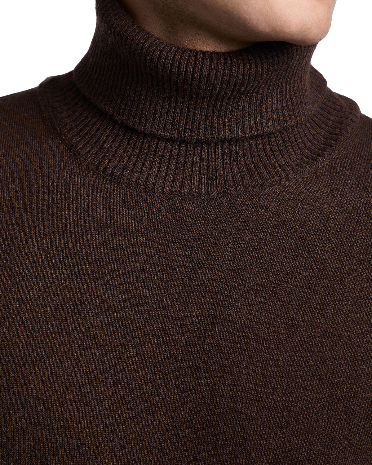 Men's brown turtleneck sweater, made from soft wool, featuring a ribbed neckline for a cozy, stylish look.