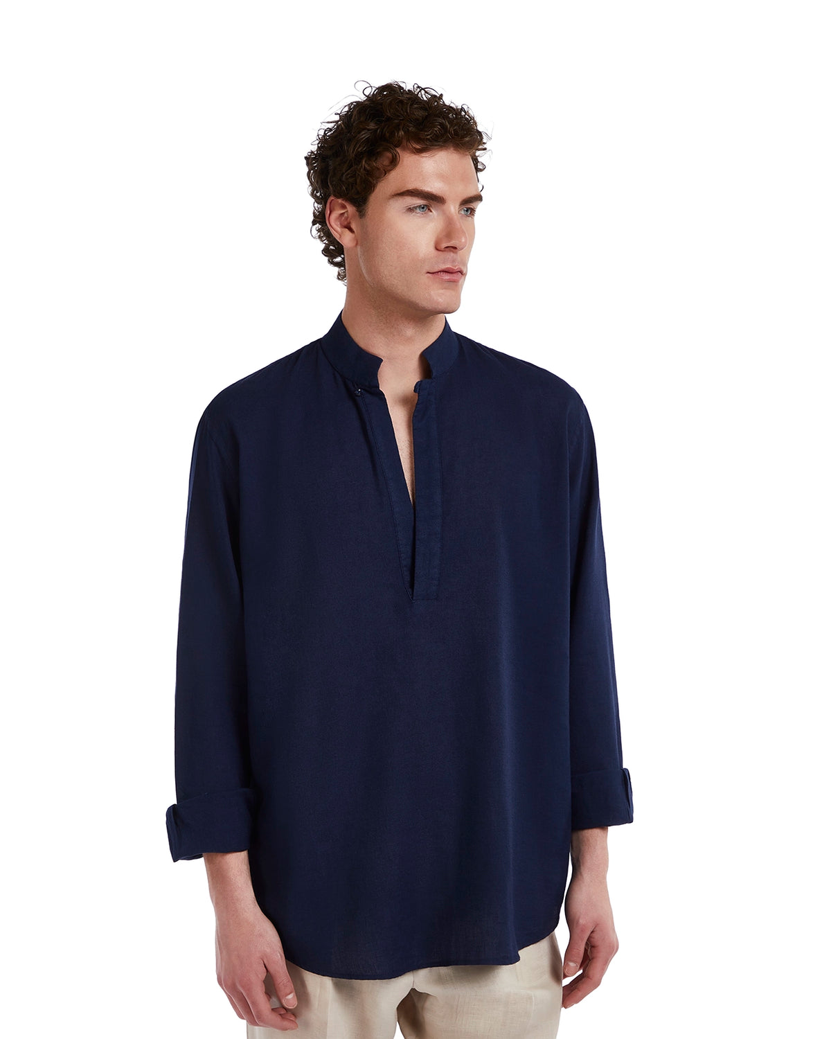 Navy blue linen men’s shirt with a stand collar and long sleeves, perfect for casual or smart-casual occasions.