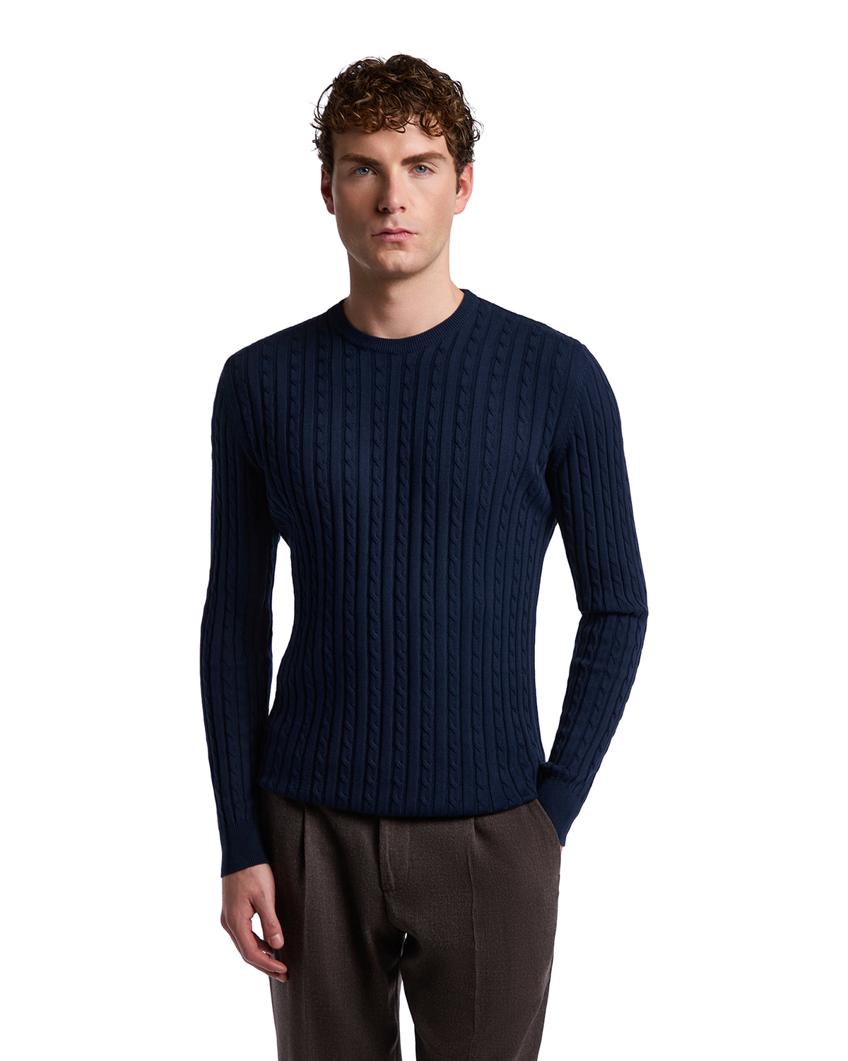 Navy blue knitted men's sweater with textured cable design and long sleeves, perfect for casual or smart-casual wear.